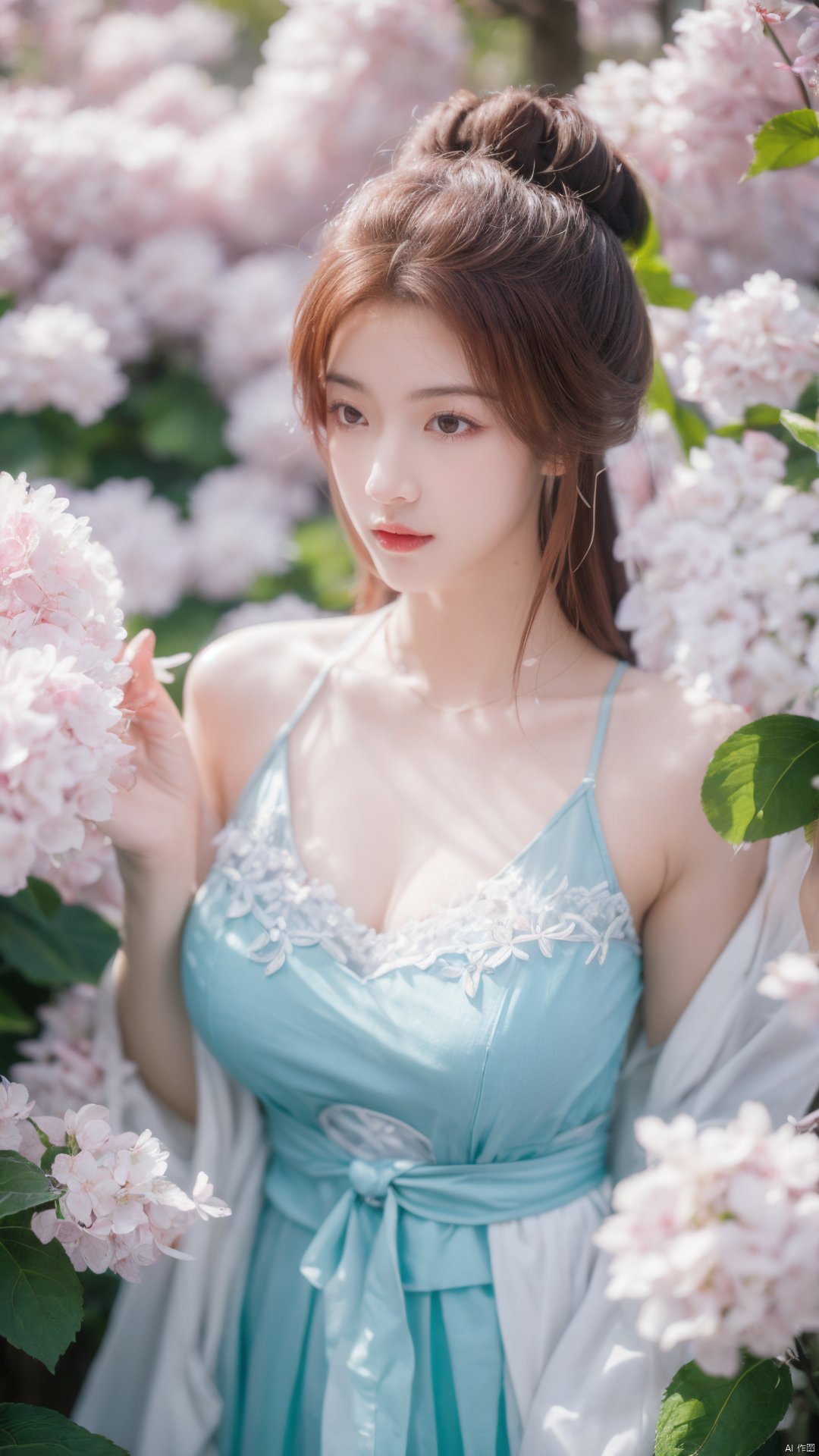 masterpiece,(best quality),upper_body,,exploring cherry blossom branches,wonderland,light blue element, sly,Xsulingyun,(big breasts:1.26), Yunxiao_Fairy,X-Hydrangea, hanfu, ty-hd,1girl