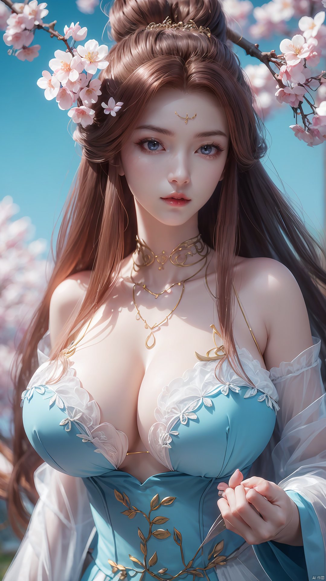  upper_body,,exploring cherry blossom branches,wonderland,light blue element, sly,Xsulingyun,(big breasts:1.29)