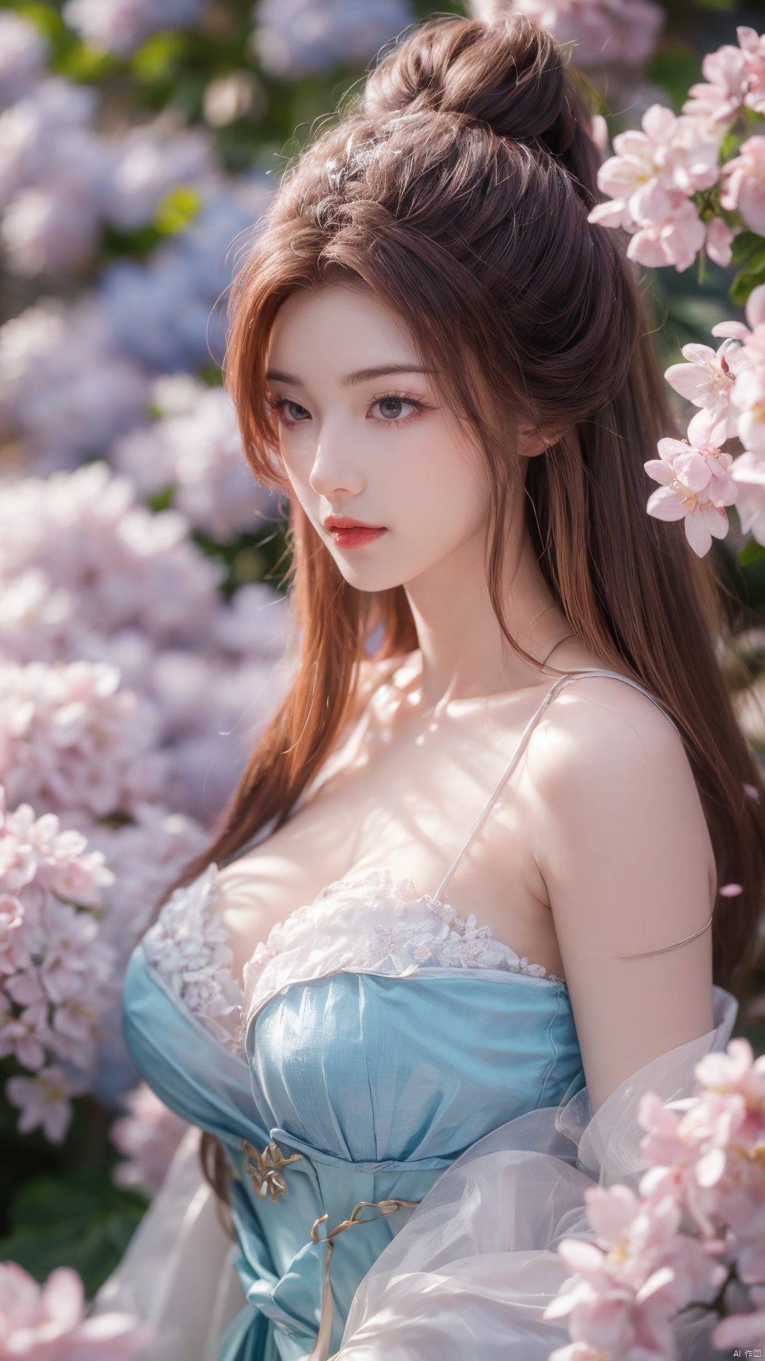 masterpiece,(best quality),upper_body,,exploring cherry blossom branches,wonderland,light blue element, sly,Xsulingyun,(big breasts:1.26), Yunxiao_Fairy,X-Hydrangea, hanfu, ty-hd,1girl,depth of field