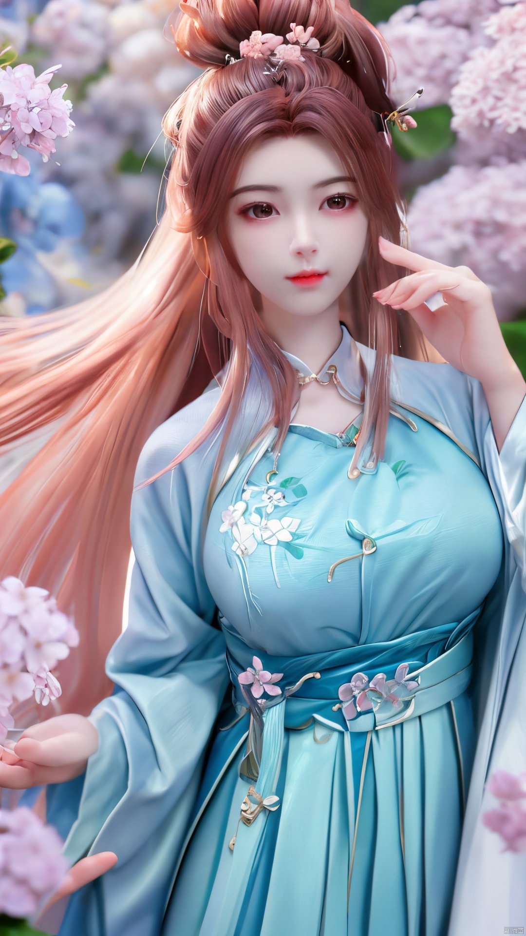 masterpiece,(best quality),upper_body,,exploring cherry blossom branches,wonderland,light blue element, sly,Xsulingyun,(big breasts:1.26), Yunxiao_Fairy,X-Hydrangea, hanfu, ty-hd