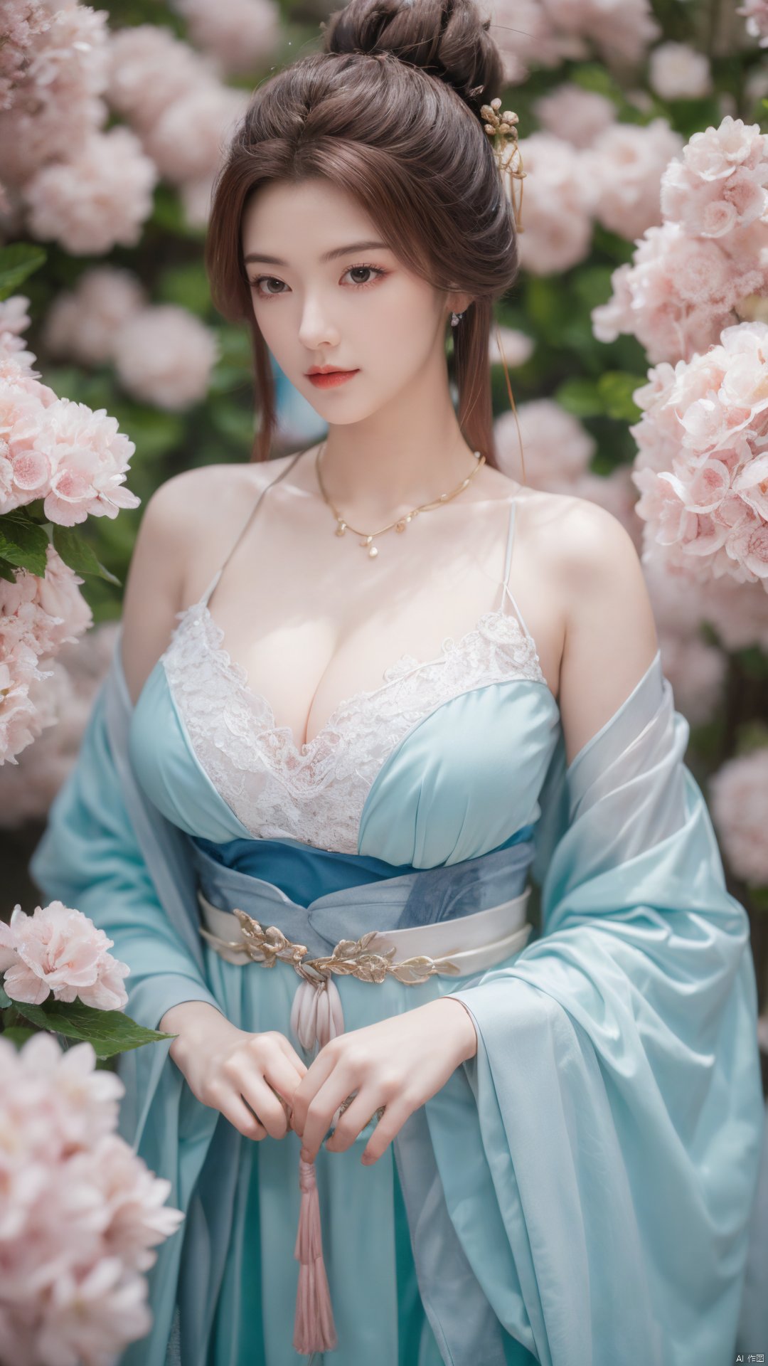 masterpiece,(best quality),upper_body,,exploring cherry blossom branches,wonderland,light blue element, sly,Xsulingyun,(big breasts:1.26), Yunxiao_Fairy,X-Hydrangea, hanfu, ty-hd