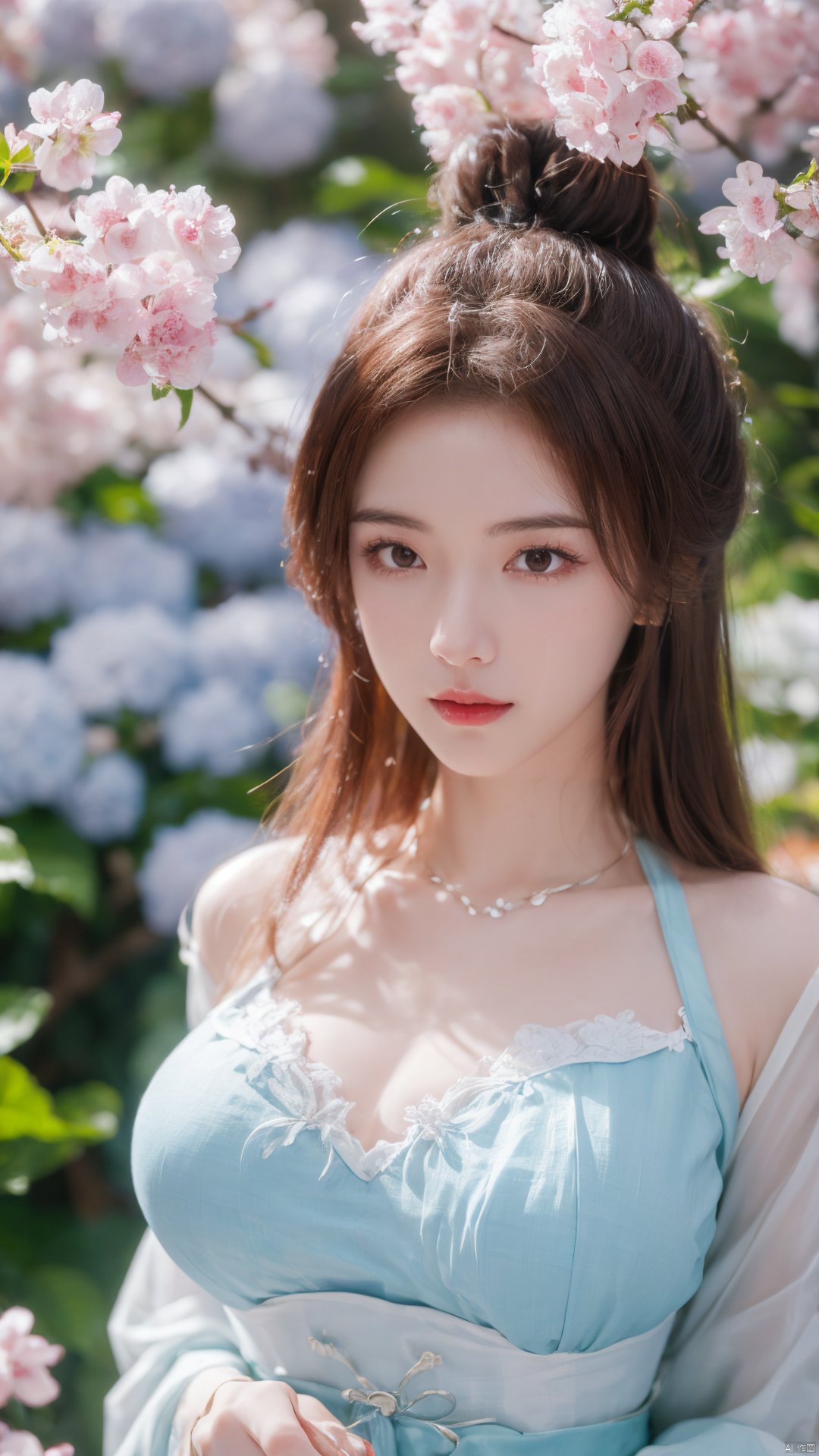 masterpiece,(best quality),upper_body,,exploring cherry blossom branches,wonderland,light blue element, sly,Xsulingyun,(big breasts:1.26), Yunxiao_Fairy,X-Hydrangea, hanfu, ty-hd,1girl,depth of field