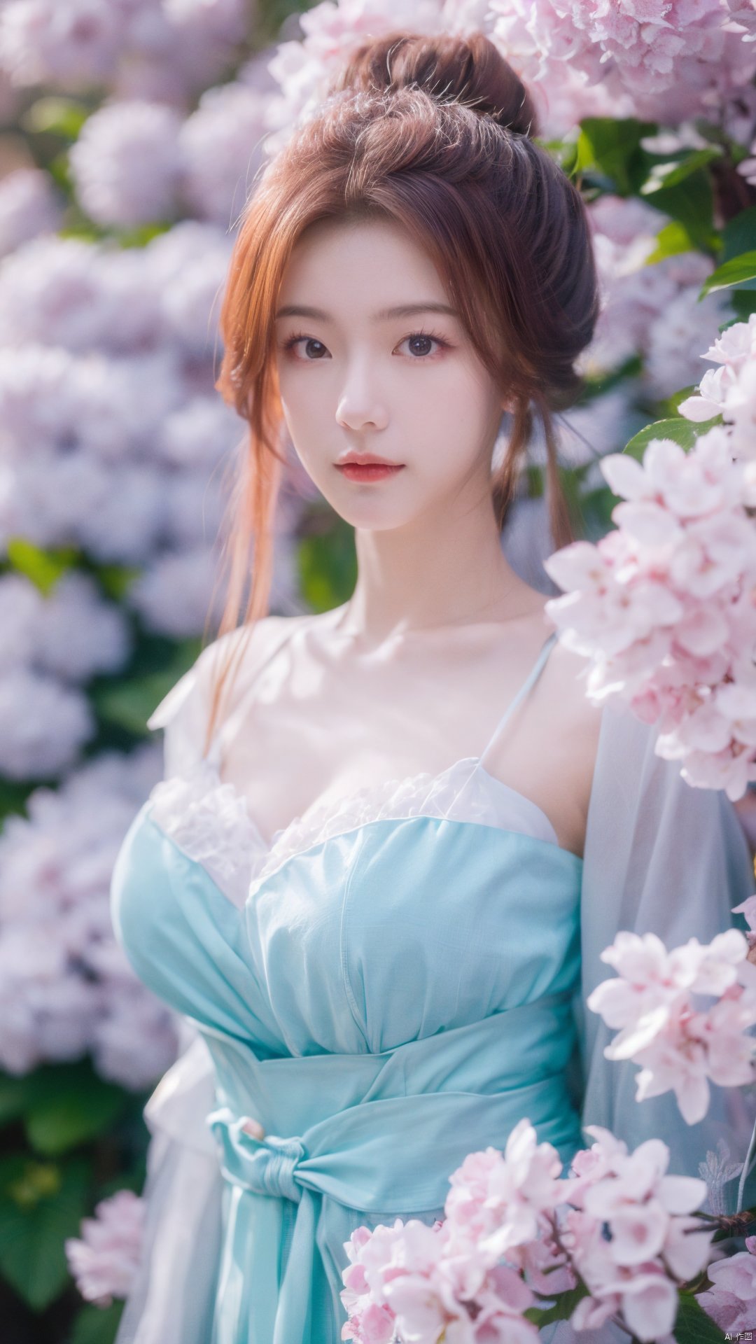 masterpiece,(best quality),upper_body,,exploring cherry blossom branches,wonderland,light blue element, sly,Xsulingyun,(big breasts:1.26), Yunxiao_Fairy,X-Hydrangea, hanfu, ty-hd