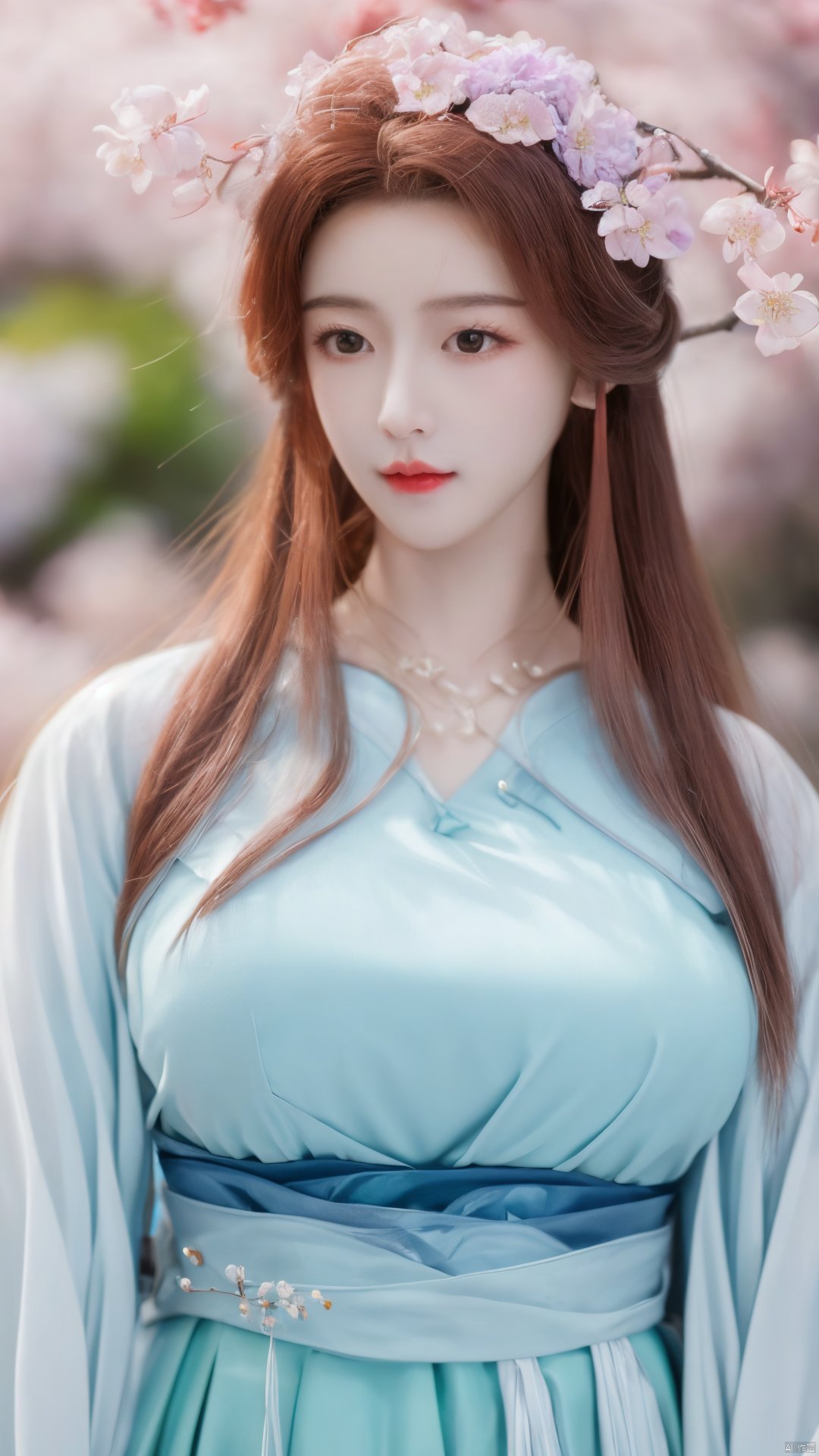 masterpiece,(best quality),upper_body,,exploring cherry blossom branches,wonderland,light blue element, sly,Xsulingyun,(big breasts:1.26), Yunxiao_Fairy,X-Hydrangea, hanfu, ty-hd,1girl,depth of field