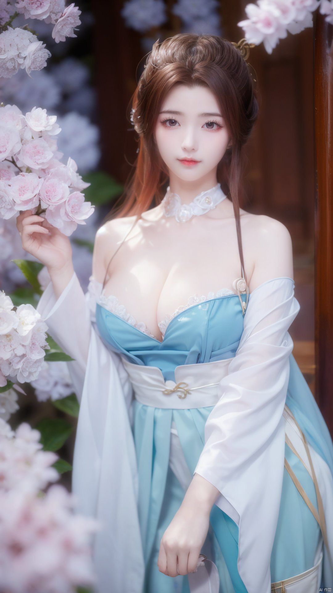 masterpiece,(best quality),upper_body,,exploring cherry blossom branches,wonderland,light blue element, sly,Xsulingyun,(big breasts:1.26), Yunxiao_Fairy,X-Hydrangea, hanfu, ty-hd,1girl,depth of field