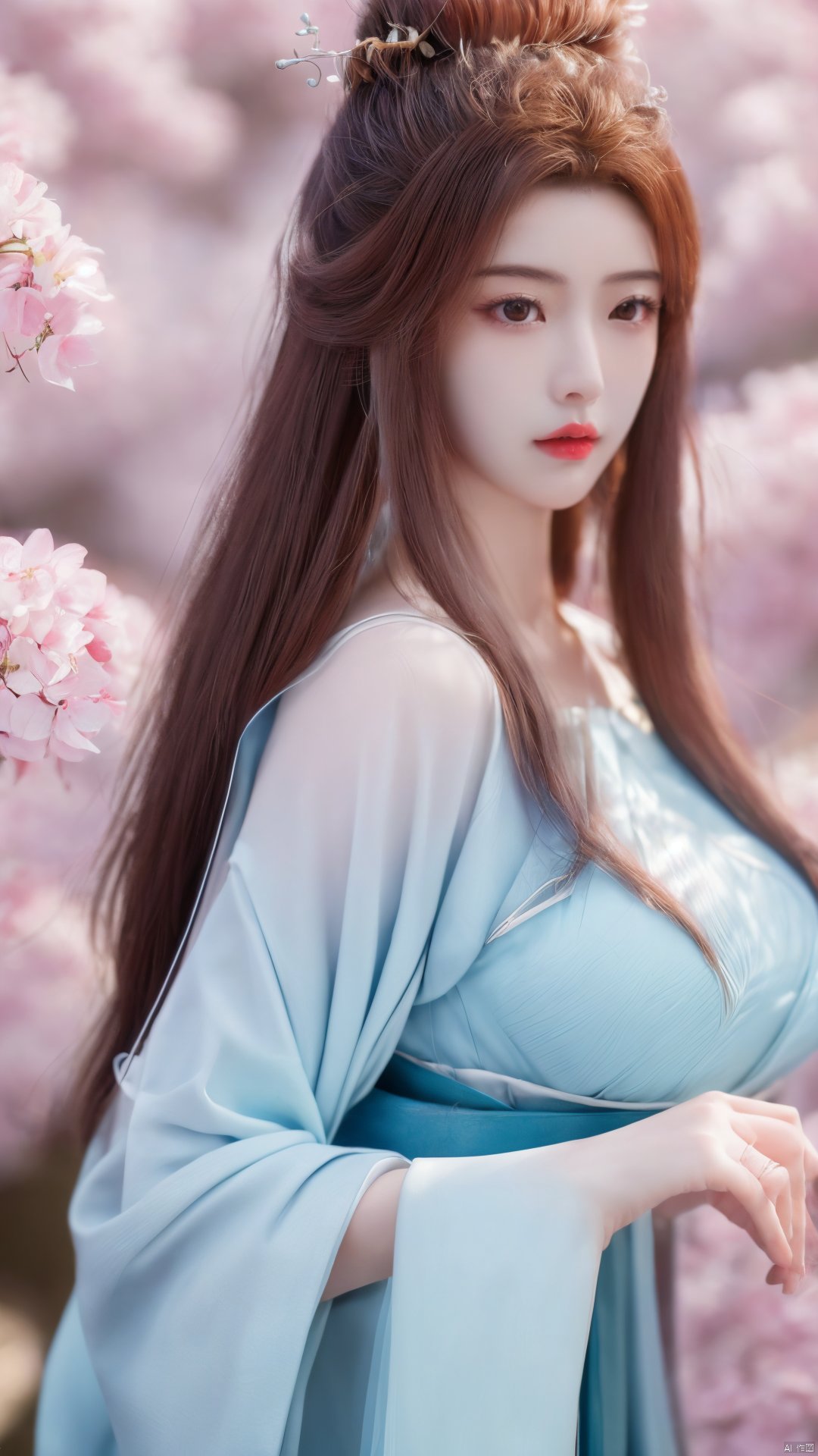 masterpiece,(best quality),upper_body,,exploring cherry blossom branches,wonderland,light blue element, sly,Xsulingyun,(big breasts:1.26), Yunxiao_Fairy,X-Hydrangea, hanfu, ty-hd,1girl,depth of field