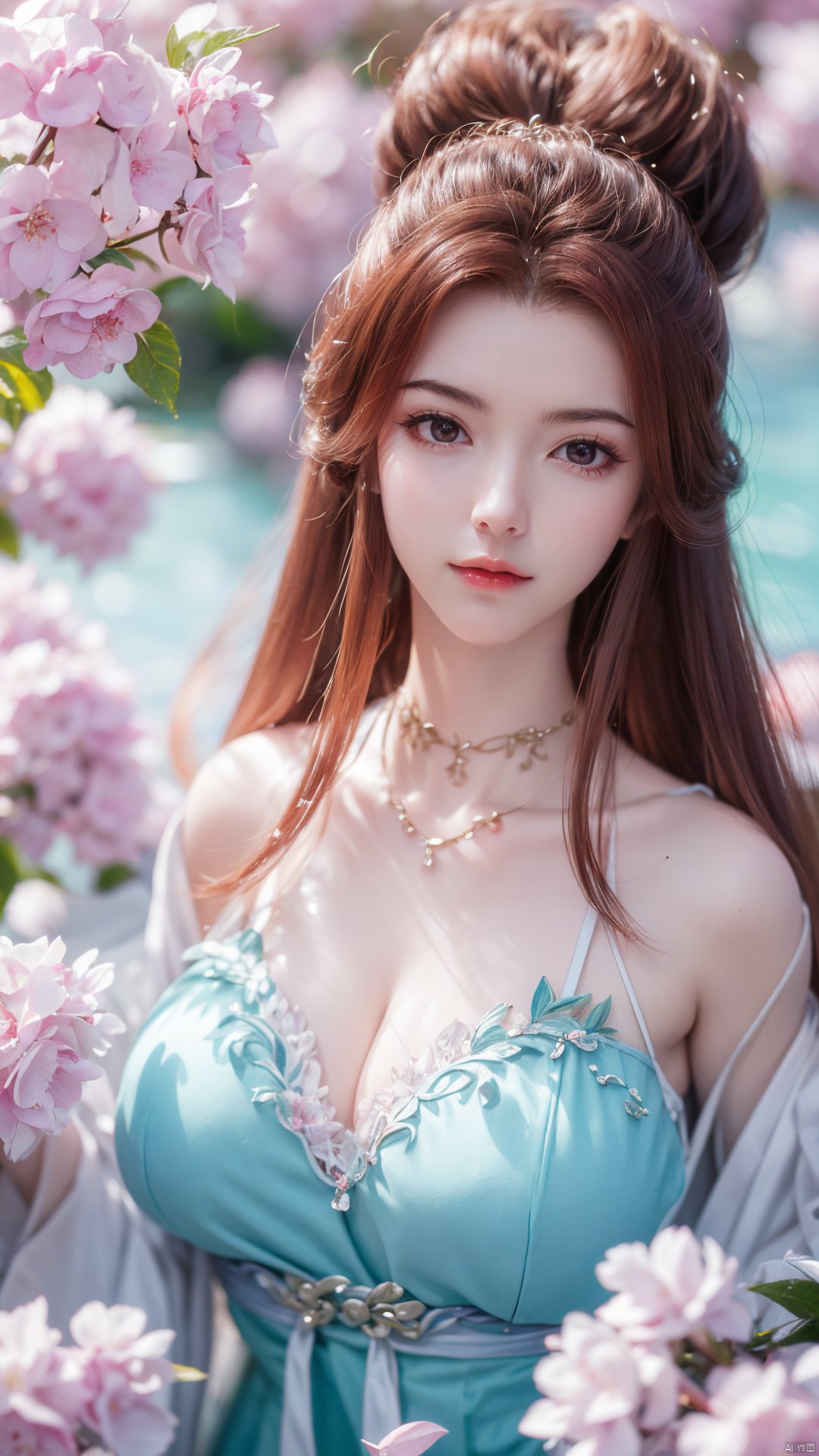 masterpiece,(best quality),upper_body,,exploring cherry blossom branches,wonderland,light blue element, sly,Xsulingyun,(big breasts:1.26), Yunxiao_Fairy,X-Hydrangea, hanfu, ty-hd,1girl,depth of field