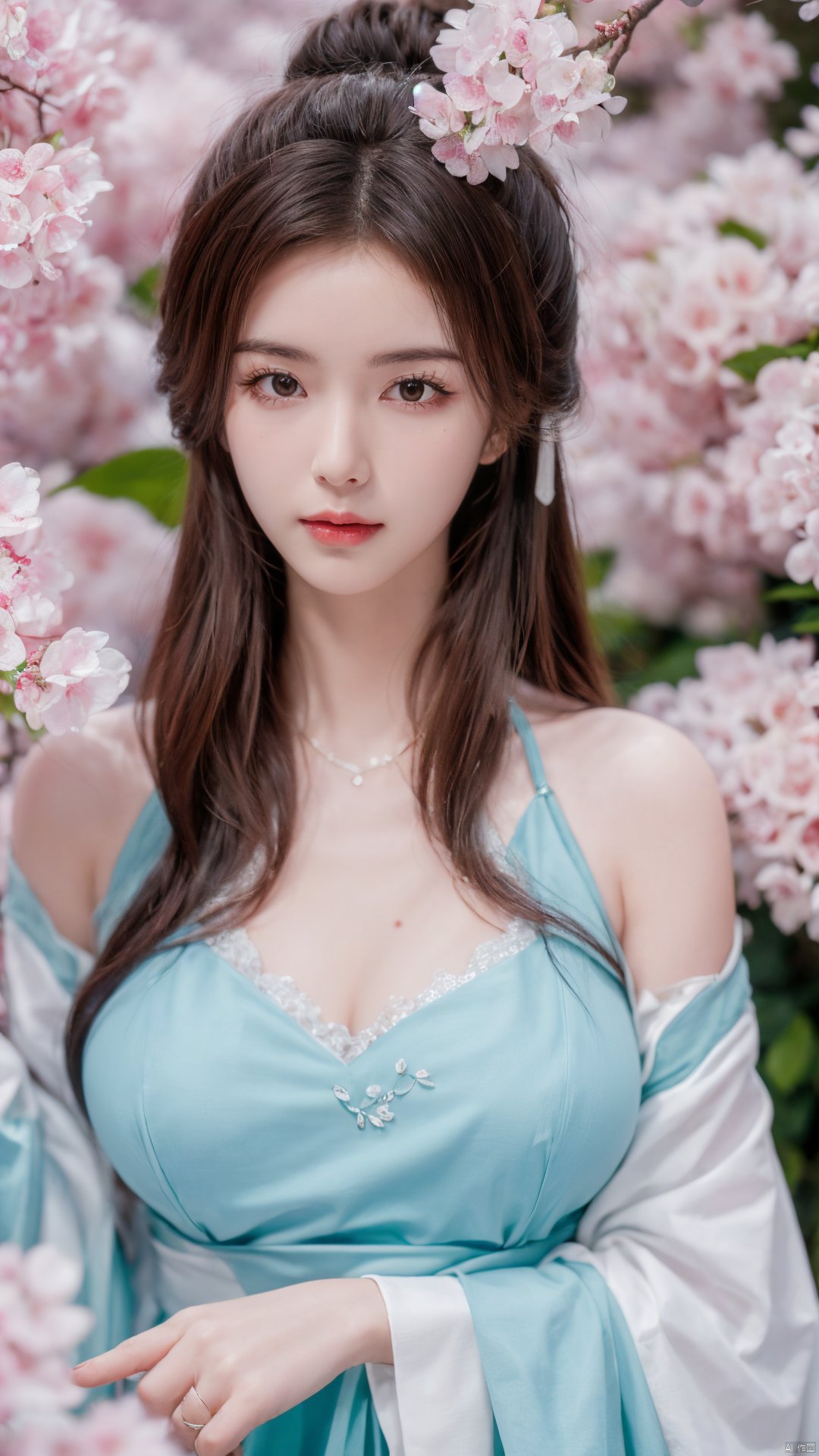 masterpiece,(best quality),upper_body,,exploring cherry blossom branches,wonderland,light blue element, sly,Xsulingyun,(big breasts:1.26), Yunxiao_Fairy,X-Hydrangea, hanfu, ty-hd,1girl,depth of field