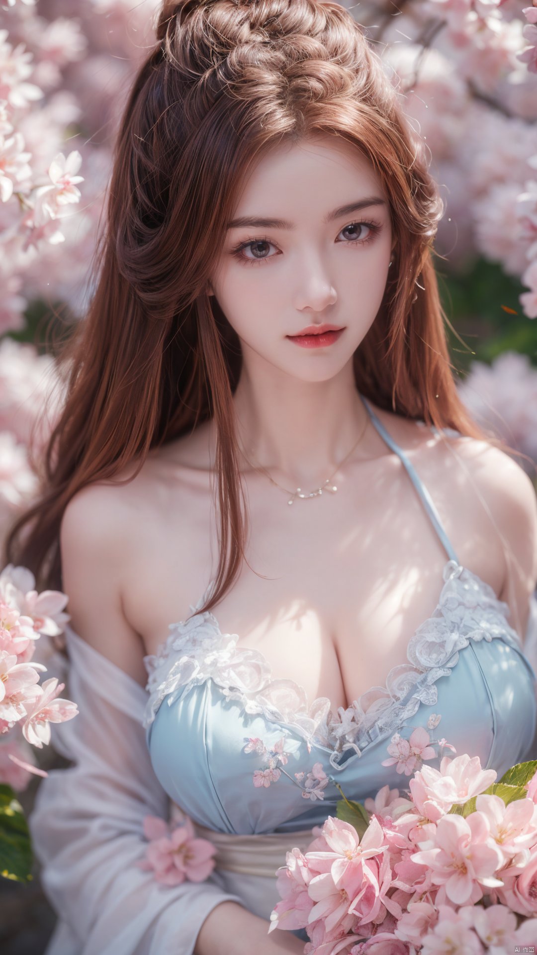 masterpiece,(best quality),upper_body,,exploring cherry blossom branches,wonderland,light blue element, sly,Xsulingyun,(big breasts:1.26), Yunxiao_Fairy,X-Hydrangea, hanfu, ty-hd,1girl,depth of field