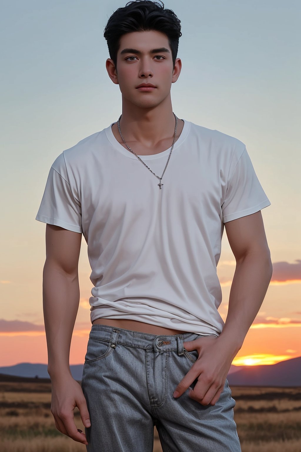 A lone figure stands against a warm sunset backdrop, rugged terrain stretching out behind. The solo boy, with jet-black hair and piercing eyes, wears a crisp white T-shirt that accentuates his toned physique. A delicate silver necklace adorns his neck, drawing attention to his chiseled features. His pants are low-rise, showcasing a hint of male underwear, while the cowboy-inspired setting adds a touch of rugged sophistication.