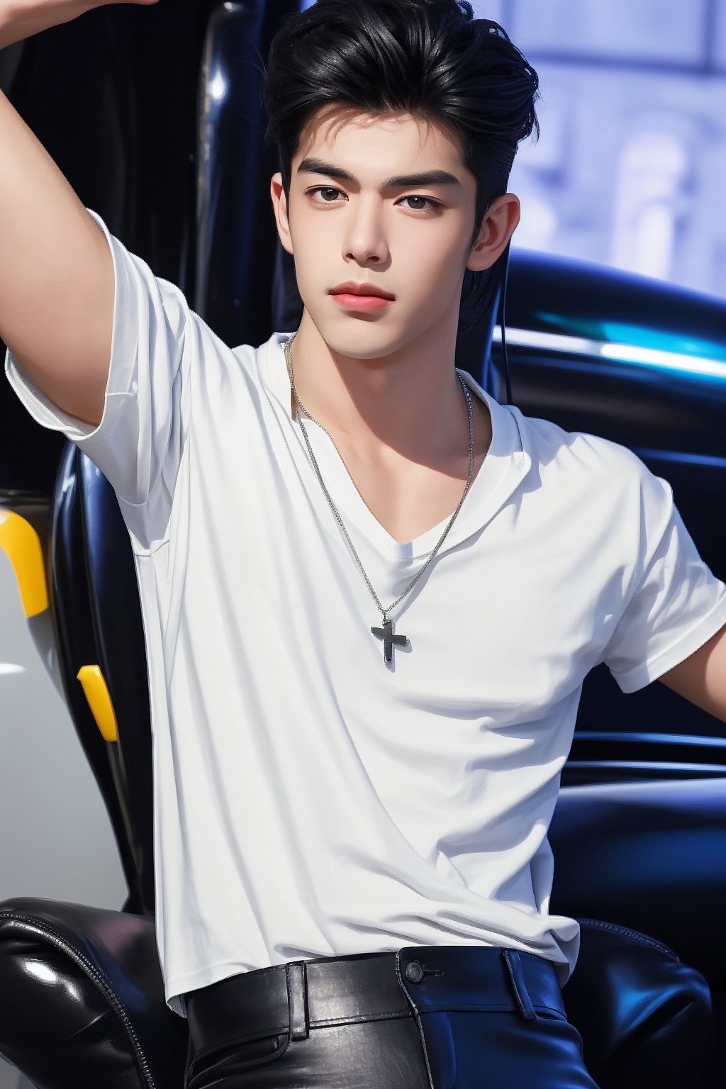 A close-up shot of a solo male figure, dressed in black leather pants and a crisp white T-shirt, his jet-black hair styled neatly. A bold silver necklace adorns his neck, drawing attention to the toned physique beneath. The focus remains solely on him as he poses confidently, showcasing his realistic, masculine beauty.