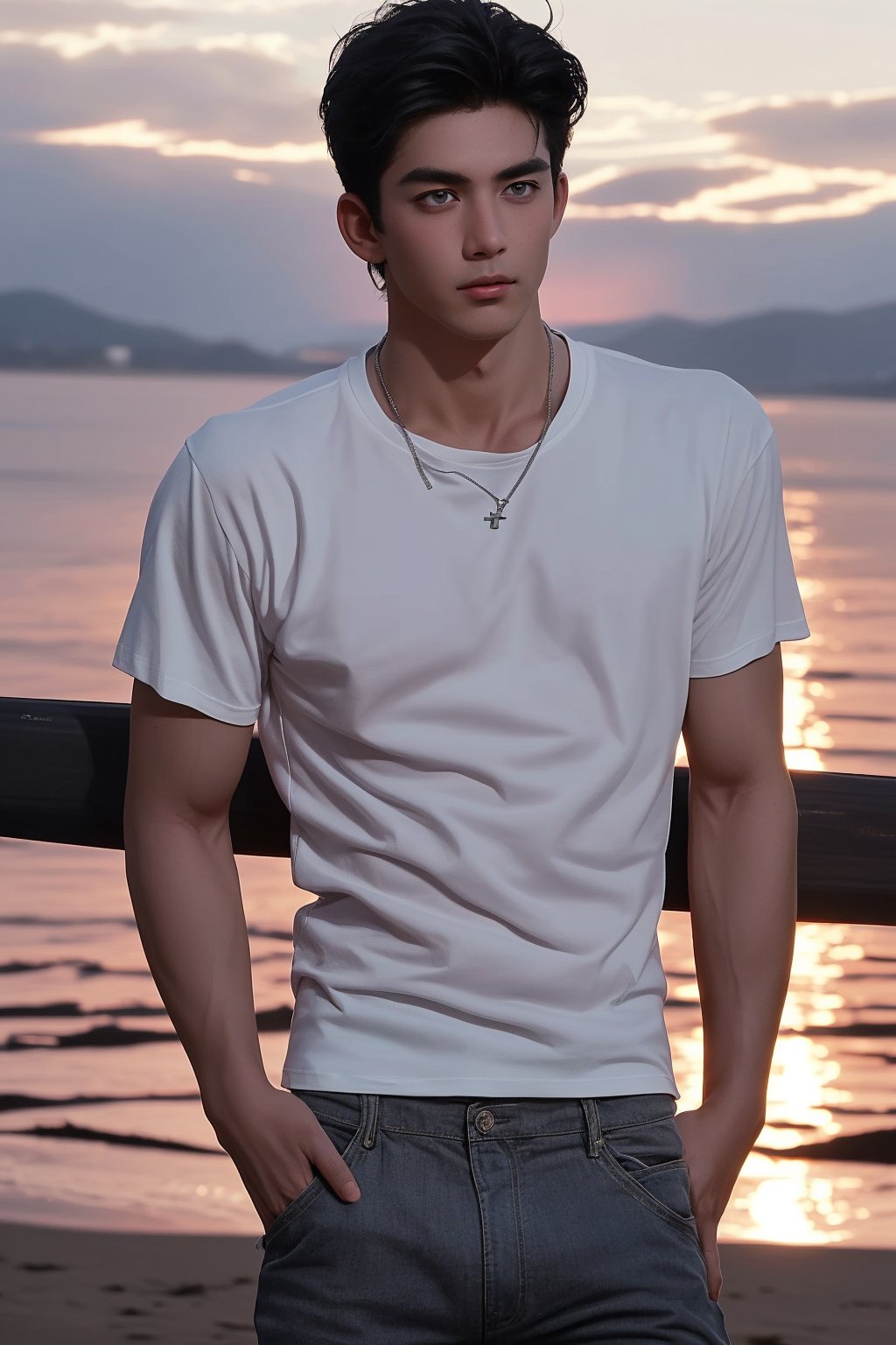 A lone figure stands against a warm sunset backdrop, rugged terrain stretching out behind. The solo boy, with jet-black hair and piercing eyes, wears a crisp white T-shirt that accentuates his toned physique. A delicate silver necklace adorns his neck, drawing attention to his chiseled features. His pants are low-rise, showcasing a hint of male underwear, while the cowboy-inspired setting adds a touch of rugged sophistication.