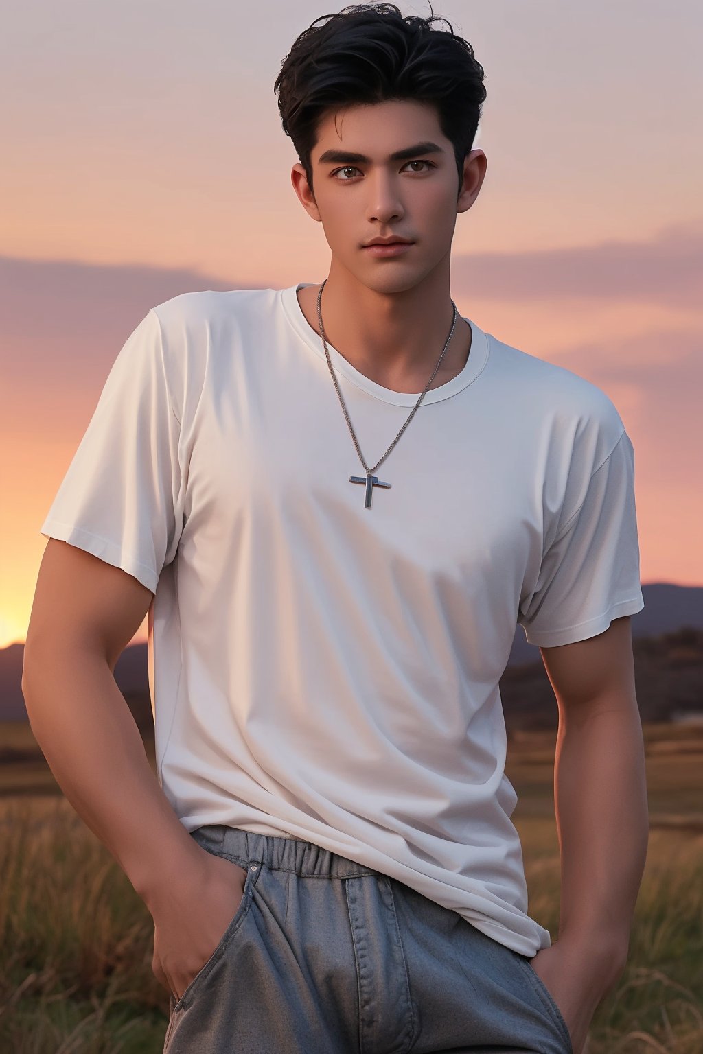 A lone figure stands against a warm sunset backdrop, rugged terrain stretching out behind. The solo boy, with jet-black hair and piercing eyes, wears a crisp white T-shirt that accentuates his toned physique. A delicate silver necklace adorns his neck, drawing attention to his chiseled features. His pants are low-rise, showcasing a hint of male underwear, while the cowboy-inspired setting adds a touch of rugged sophistication.