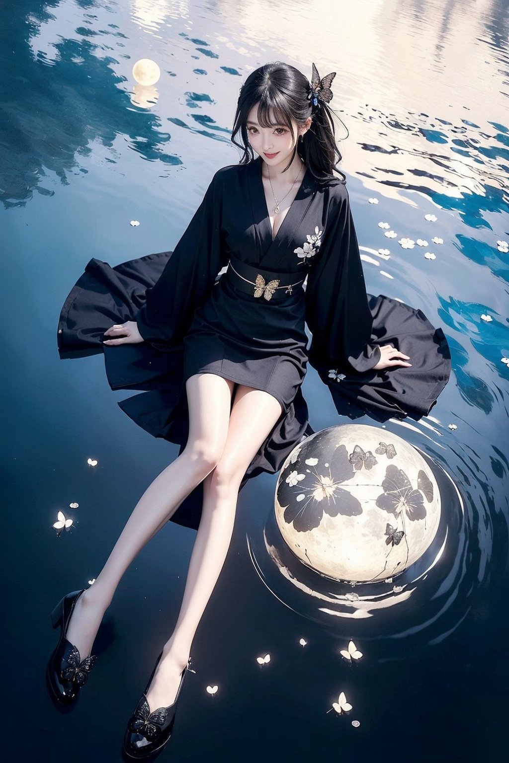 32k, perfect body, cute , cute smile, cute dress, long hair, white hair, black dress, ((black butterfly)), ((black butterfly hair ornament)), ((black butterfly shaped brooch)), ((black butterfly dress)), ((black ligth particle)), (((beautiful quality))), ((black kimono)), ((black Japanese clothing)), (((the floor is on the water surface))), ((full moon)), 