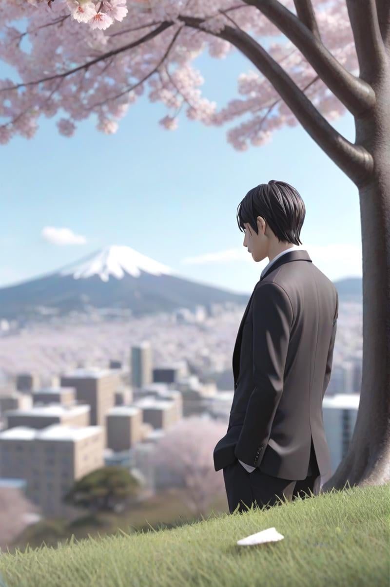 masterpiece, best quality, highres, sakurairo mau koro, facing viewer, looking at viewer, closeup, male focus, 1boy, sad, head down, green scraf, black office suit, standing, hand support on trunk, strong, under tree, sky, turf, grass, petal, sakura, cherry blossoms, hilltop, slope, bench, winter clothes, snow, cityscape, overlooking, <lora:sakurairomaukoro_sdxl_rearview:0.5>