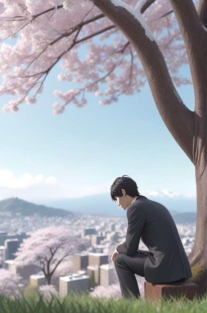 masterpiece, best quality, highres, sakurairo mau koro, facing viewer, looking at viewer, closeup, male focus, 1boy, sad, head down, green scraf, black office suit, standing, hand support on trunk, strong, under tree, sky, turf, grass, petal, sakura, cherry blossoms, hilltop, slope, bench, winter clothes, snow, cityscape, overlooking, <lora:sakurairomaukoro_sdxl_rearview:0.5>