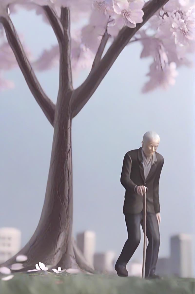 masterpiece, best quality, highres, closeup on face, kindly face, walkinging, green neckerchief, Holding a cane, sakurairo mau koro, 1boy, old man, white hair, head down, bent over, sad, gray office jacket, black pants, under tree, trunk, bench, sky, turf, grass, petals, sakura, cherry blossoms, slope, hilltop, greenery, cityscape, ,<lora:sakurairomaukoro_sdxl_rearview:1>