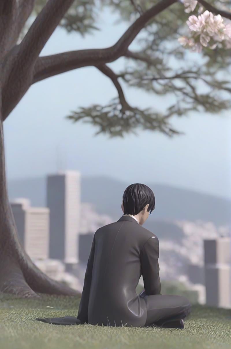 masterpiece, best quality, highres, sakurairo mau koro, pov, facing viewer, looking at viewer, closeup on male focus, 1boy, sad, head down, (((green neckscraf))), black office suit, sitting on ground, strong, under huge tree, sky, turf, grass, petal, sakura, cherry blossoms, hilltop, slope, trunk, bench, cityscape, overlooking, <lora:sakurairomaukoro_sdxl_rearview:0.8>