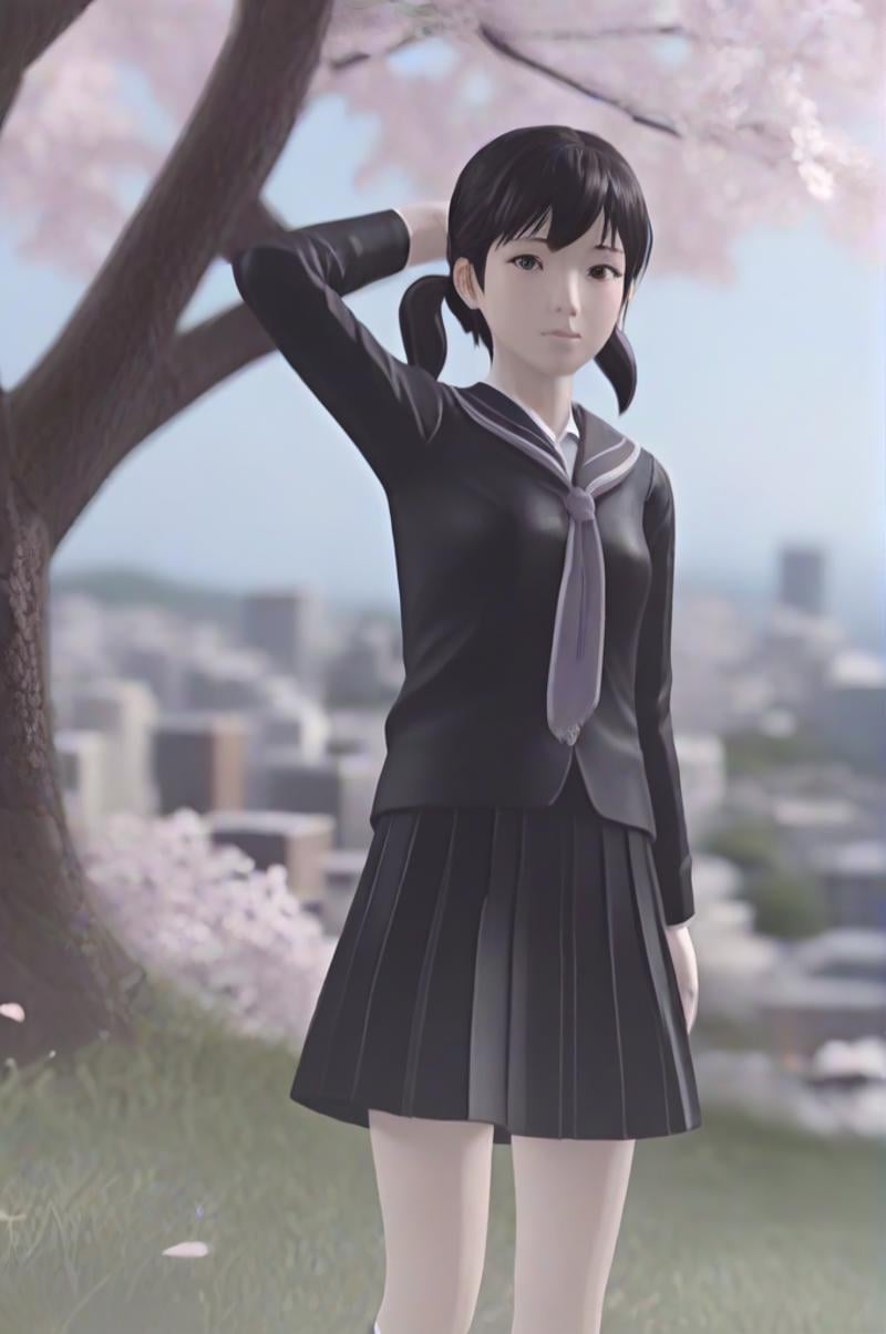 masterpiece, best quality, highres, sakurairo mau koro, pov, facing viewer, looking at viewer, closeup on pretty face, 1girl, one arm up, goodbye, black school uniform, black pleated skirt, hands on knee, standing, slim figure, close to tree, sky, turf, grass, petal, sakura, cherry blossoms, hilltop, slope, trunk, bench, cityscape, overlooking, <lora:sakurairomaukoro_sdxl_rearview:0.8>