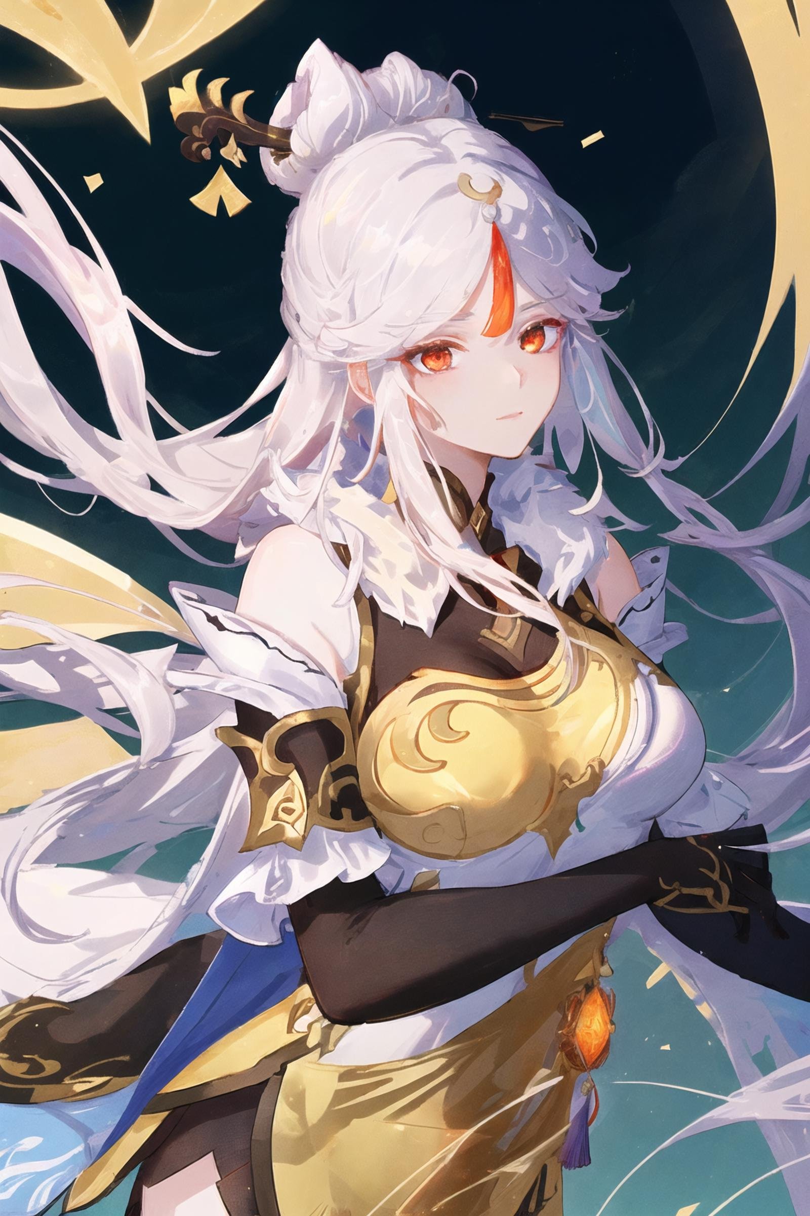 (extremely detailed CG unity 8k wallpaper,masterpiece, best quality, ultra-detailed),(best illumination, best shadow, an extremely delicate and beautiful), floating, high saturation,dynamic angle, ((1girl)), gorgeous, ningguang \(genshin impact\),white hair, red eyes, very long hair,  hair ornament, bangs