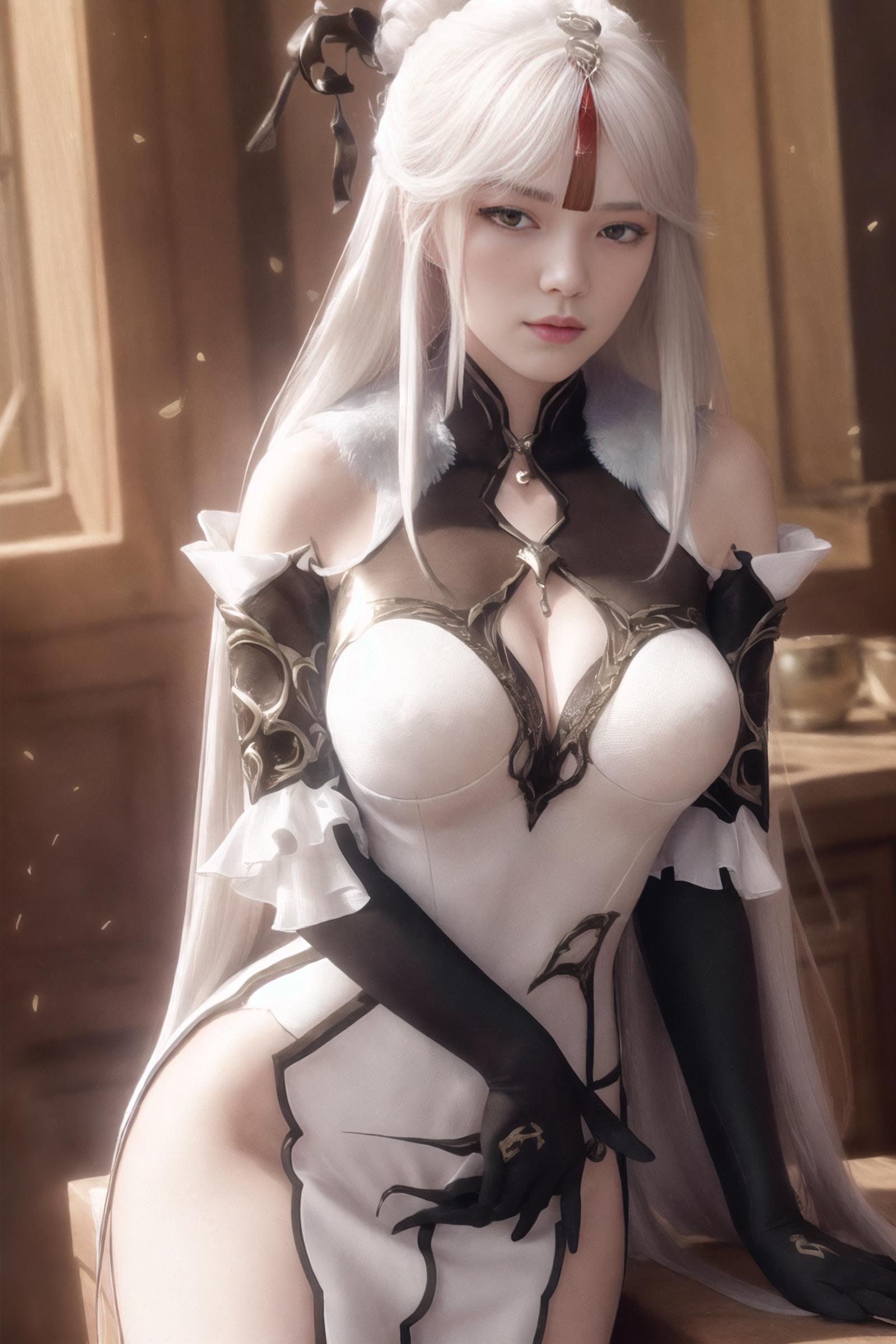 (extremely detailed CG unity 8k wallpaper,masterpiece, best quality, ultra-detailed),(best illumination, best shadow, an extremely delicate and beautiful), floating, high saturation,dynamic angle, ((1girl)), gorgeous, ningguang \(genshin impact\), cowboy shot,white hair, red eyes, very long hair,  hair ornament, bangs