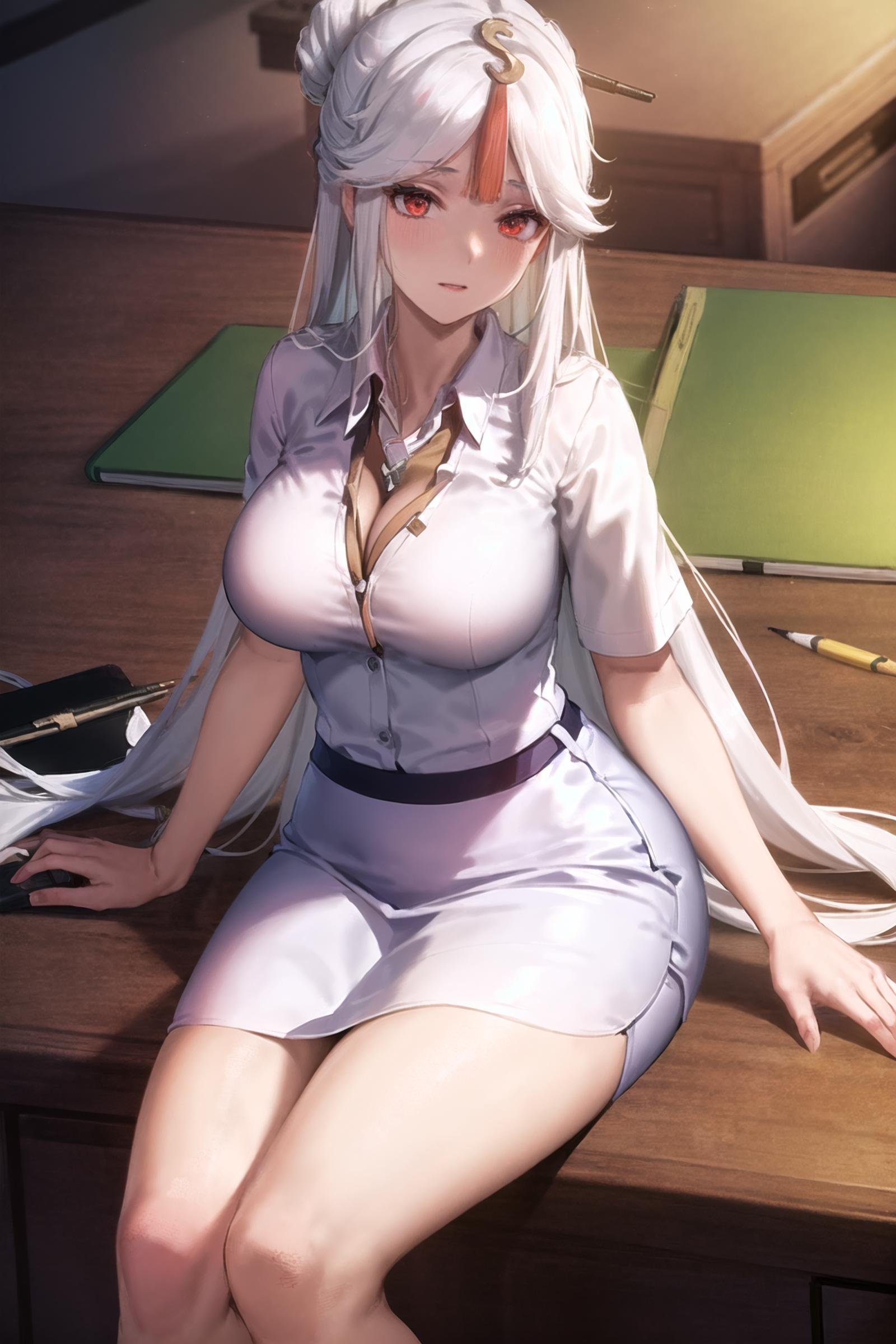 SFW, (extremely detailed CG unity 8k wallpaper,masterpiece, best quality, ultra-detailed),(best illumination, best shadow, an extremely delicate and beautiful), floating, high saturation,dynamic angle, ((1girl)), gorgeous,white hair, red eyes, very long hair,  hair ornament, bangs(white collared shirt, open shirt, office lady, pencil skirt:1.2)