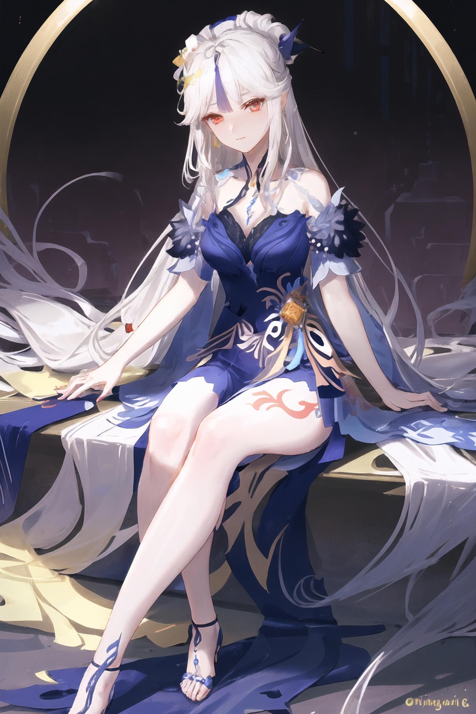 (extremely detailed CG unity 8k wallpaper,masterpiece, best quality, ultra-detailed),(best illumination, best shadow, an extremely delicate and beautiful), floating, high saturation,dynamic angle, ((1girl)), gorgeous, ningguang \(orchid's evening gown\) \(genshin impact\), white hair, red eyes, very long hair,  hair ornament, bangs