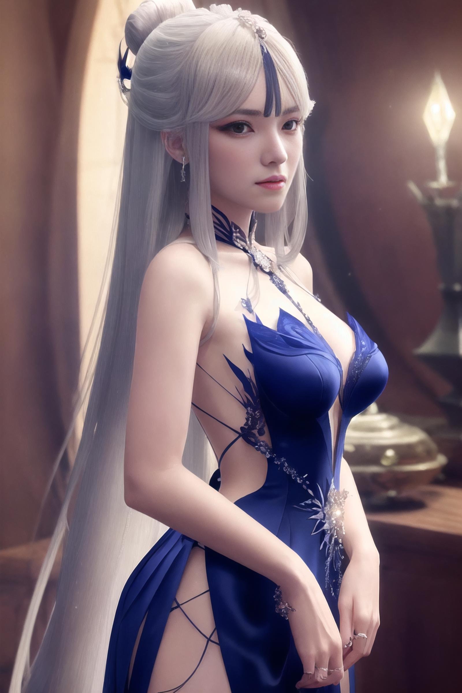 (extremely detailed CG unity 8k wallpaper,masterpiece, best quality, ultra-detailed),(best illumination, best shadow, an extremely delicate and beautiful), floating, high saturation,dynamic angle, ((1girl)), gorgeous, ningguang \(orchid's evening gown\) \(genshin impact\), cowboy shot,white hair, red eyes, very long hair,  hair ornament, bangs