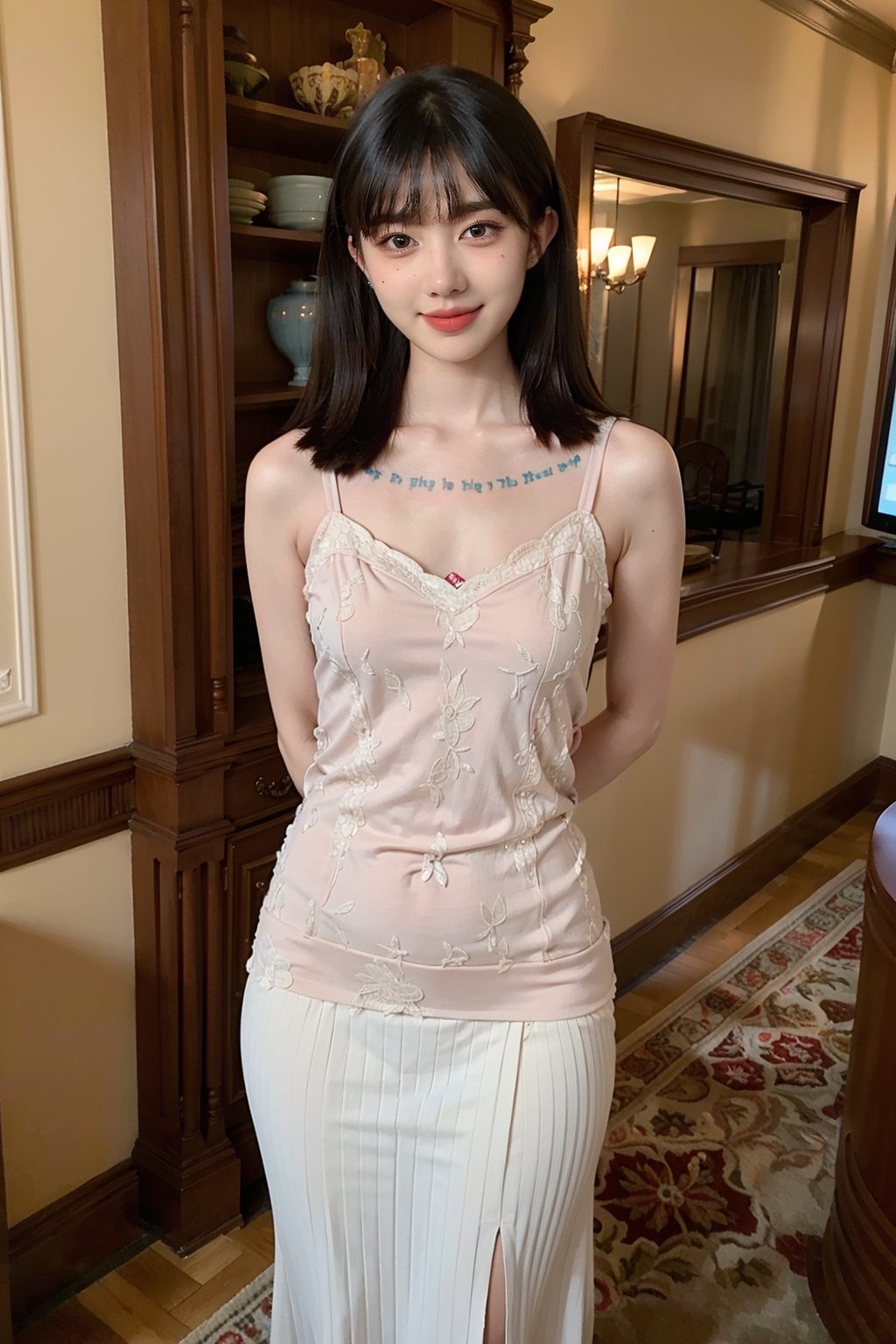 best quality,masterpiece,ultra high res,looking at viewer,simple background, 1girl, solo, looking at viewer, black hair,realistic,(standing),slim,(smile)(,hands behind back),