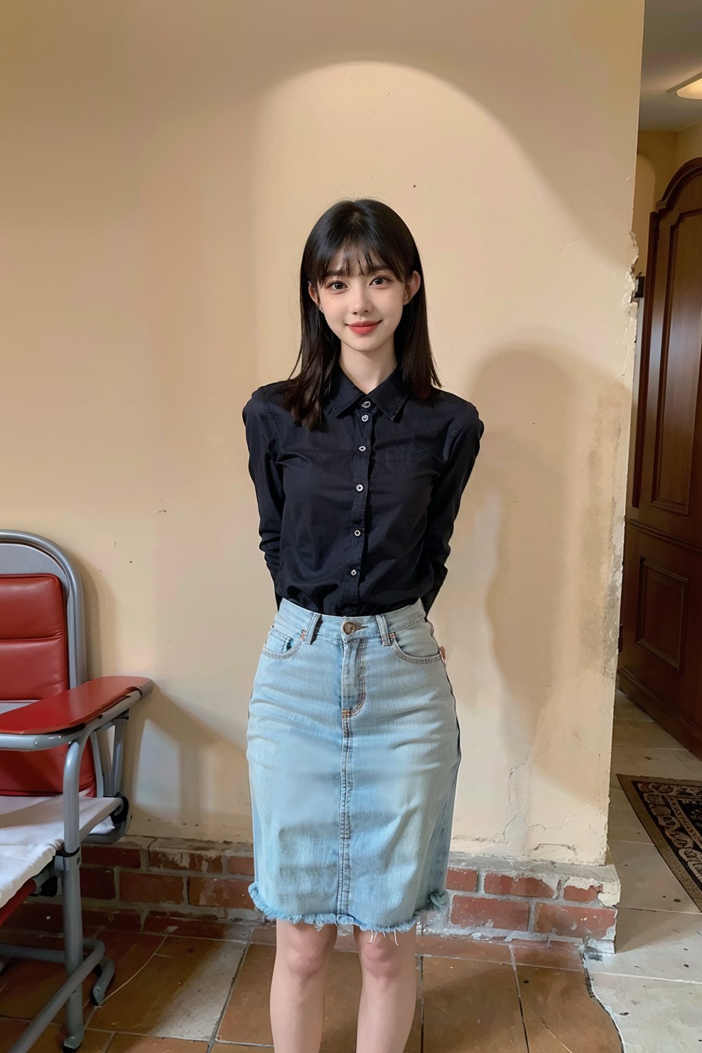 best quality,masterpiece,ultra high res,looking at viewer,simple background, 1girl, solo, looking at viewer, black hair,realistic,(standing),slim,(smile)(,hands behind back),