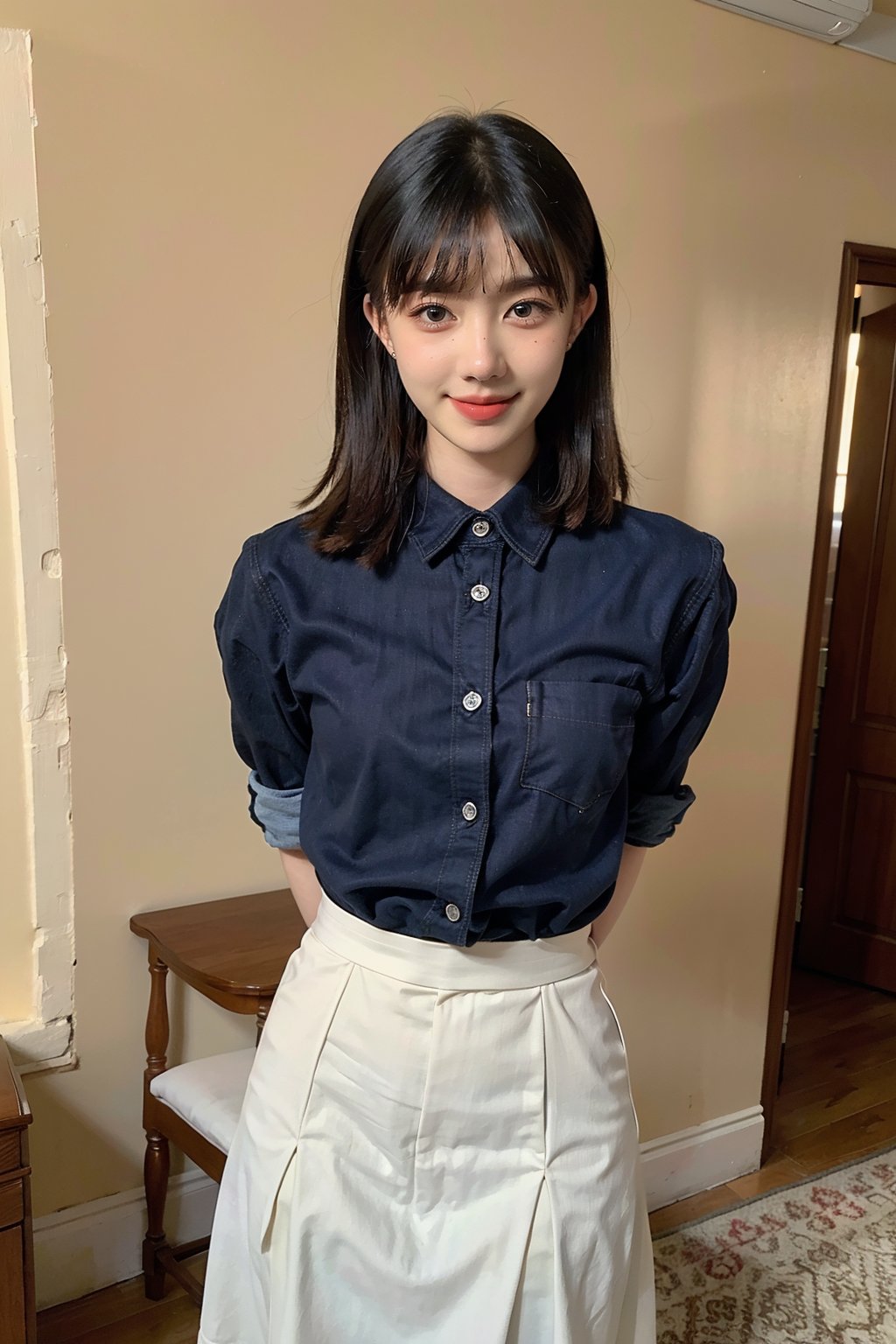 best quality,masterpiece,ultra high res,looking at viewer,simple background, 1girl, solo, looking at viewer, black hair,realistic,(standing),slim,(smile)(,hands behind back),