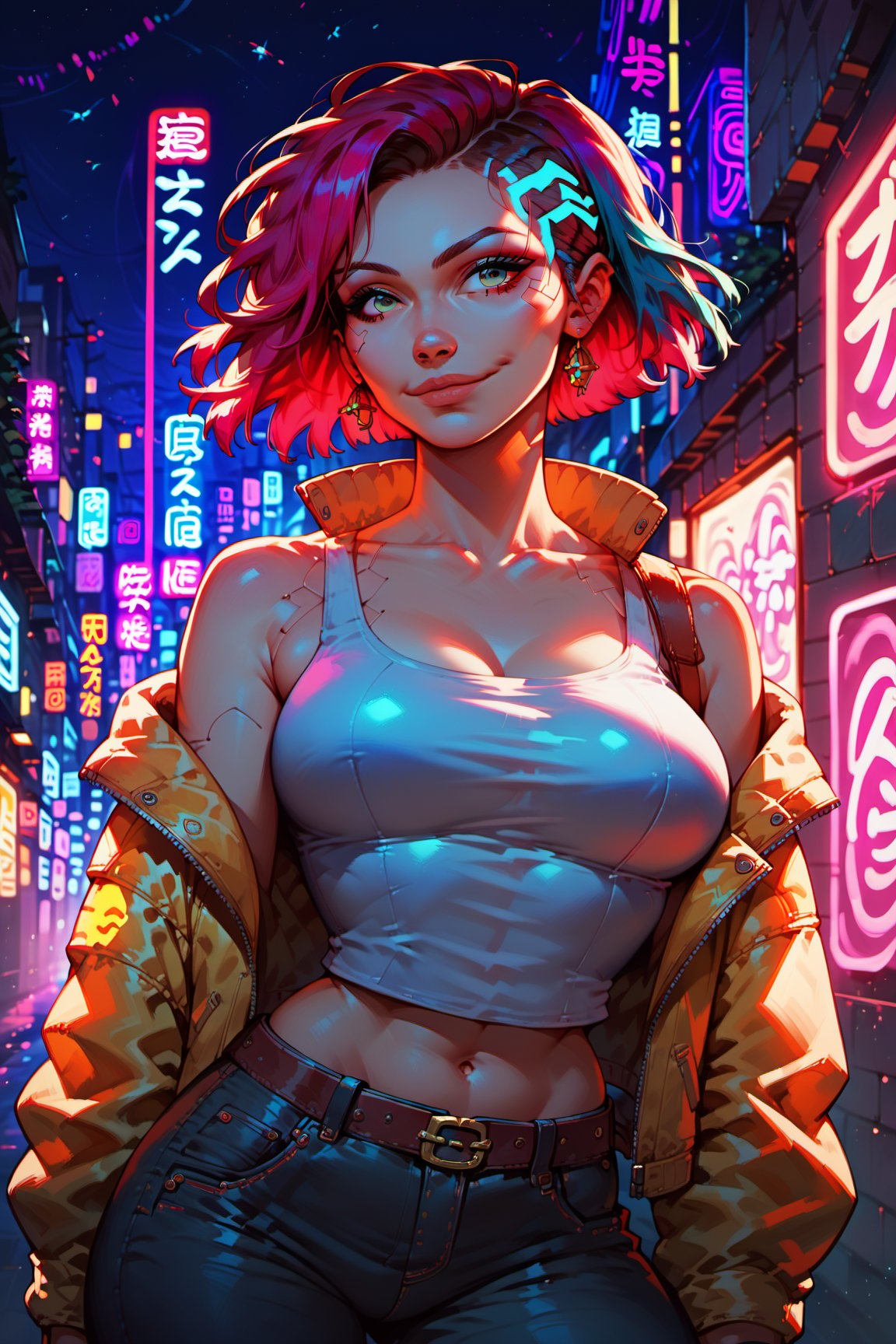 score_9, score_8_up, score_7_up, 1girl, beautiful tomboy girl. short hair, highlights. Tanktop, pants, neon jacket, neon clothes. Large hip, pop hip. cowboy_shot. Night, cyberpunk city background.

N1cp1k, neon lights, night, cyberpunk