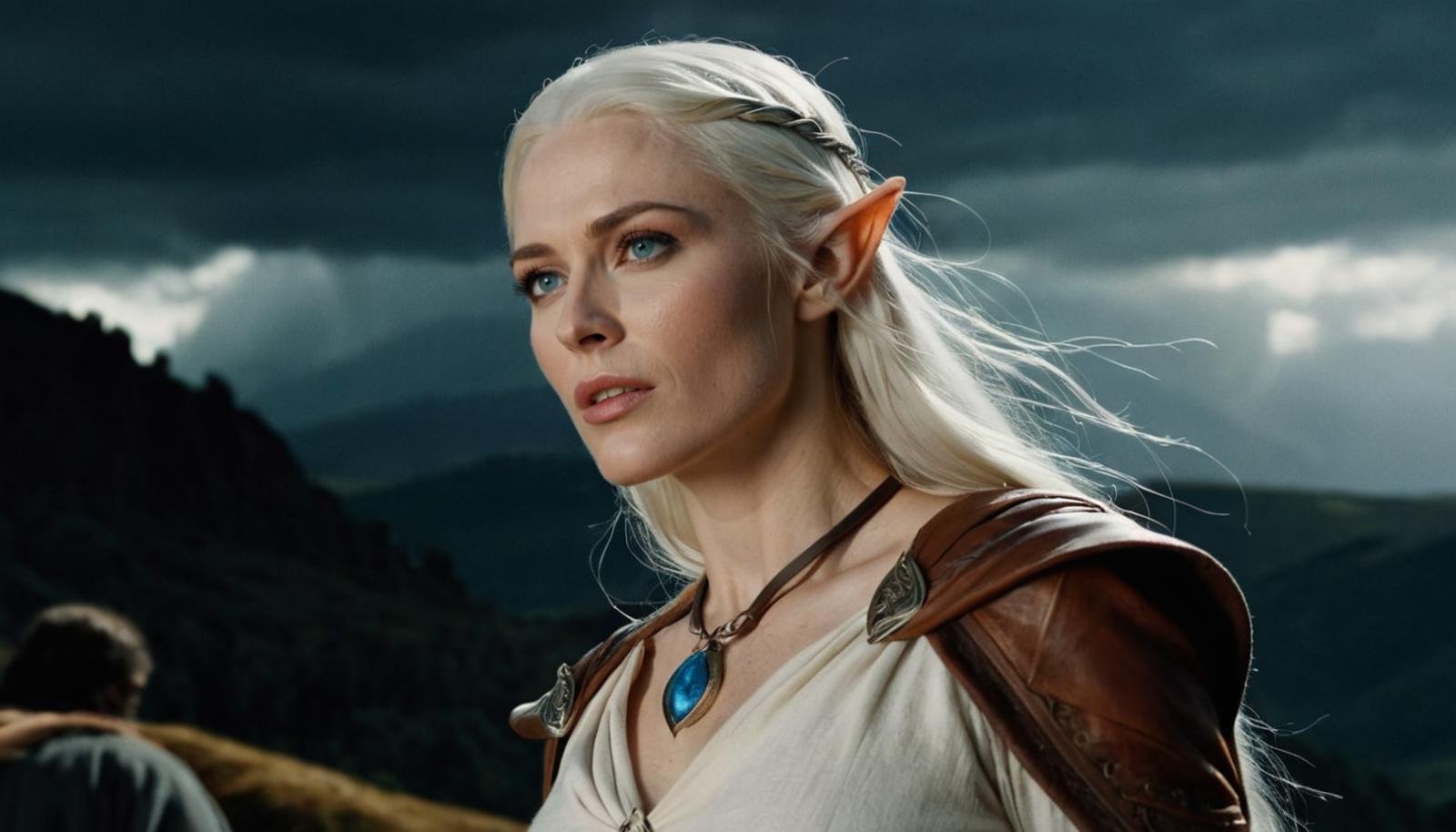 Cinematic Film Still, Movie Still from Lord of The Rings, Breathtakingly beautiful High Elf woman, elf ears, flowing white hair, vibrant blue eyes, pale skin, [light freckles], detailed skin texture, soft white tunic, leather belt, brown leather pants, elven amulet, elegant, looking at view, detailed facial features, complex scene, swirling portal of vivid colors open in the sky above, stormy weather, dramatic, cinematic lighting, centered, fantasy \(setting\), atmospheric, harmonious, soft focus, (extremely detailed), film grain, emotional, grainy, cowboy shot