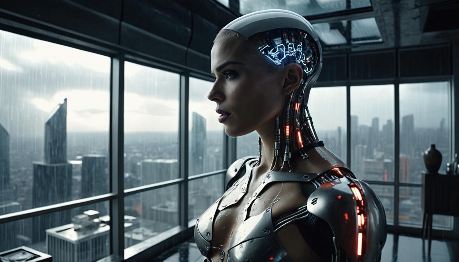 Cinematic Film Still, (movie still) From ex machina, (cyborg|woman), made of mechanical parts, beautiful, cybernetic augmentations, wires, silicone, half machine, emotional scene, dramatic,indoors, Inside futuristic high rise penthouse, tall glass windows, cyberpunk cityscape, raining, ambient lighting, cinematic contrast, dynamic shadows, harmonious, film grain, extremely detailed, dynamic angle