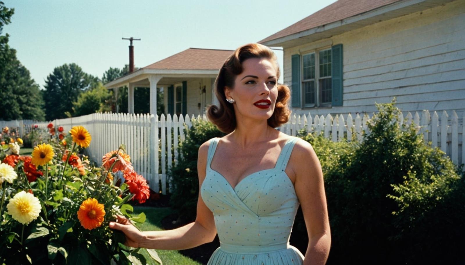 Cinematic Film Still, Movie Still, 1950s \(year\) America, A stunningly beautiful 1950s American housewife, gardening, dirty, vibrant flowers, garden, natural lighting, clear skies, white fence, wholesome, wearing summer dress, pale skin, detailed facial features, candid, dynamic angle, (extremely detailed), detailed skin texture, [imperfect skin], 35mm, film grain, photographed on a Canon AE-1, Lomography XPRO 200 film, grainy, United States