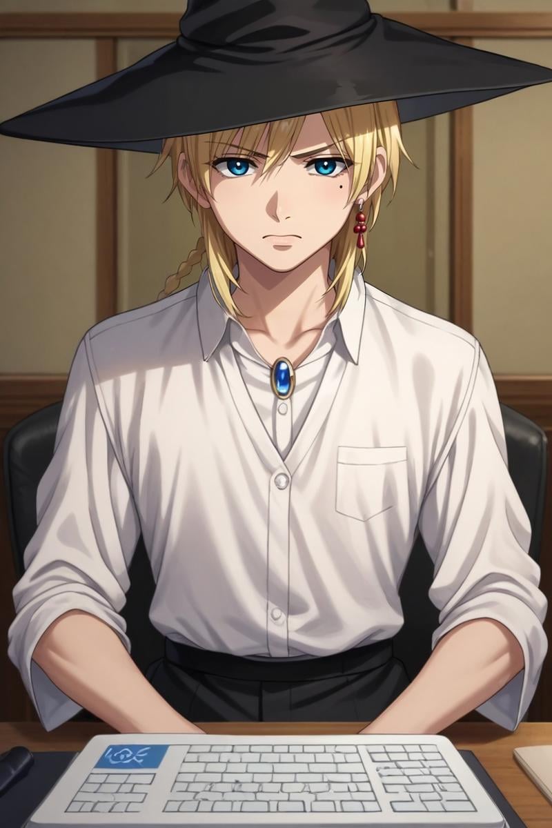 score_9, score_8_up, score_7_up, source_anime, rating_safe, intricate details, (photorealistic:0.6), , , 1boy, solo, male focus, <lora:titus_alexius_pony:0.94>, titus_alexius, blonde hair, blue eyes, short hair, braid, mole, mole under eye, jewelry, earrings, hat, witch hat, upper body, office, computers, dawn, holding object, angry, , <lora:sdxl_lightning_8step_lora:1>