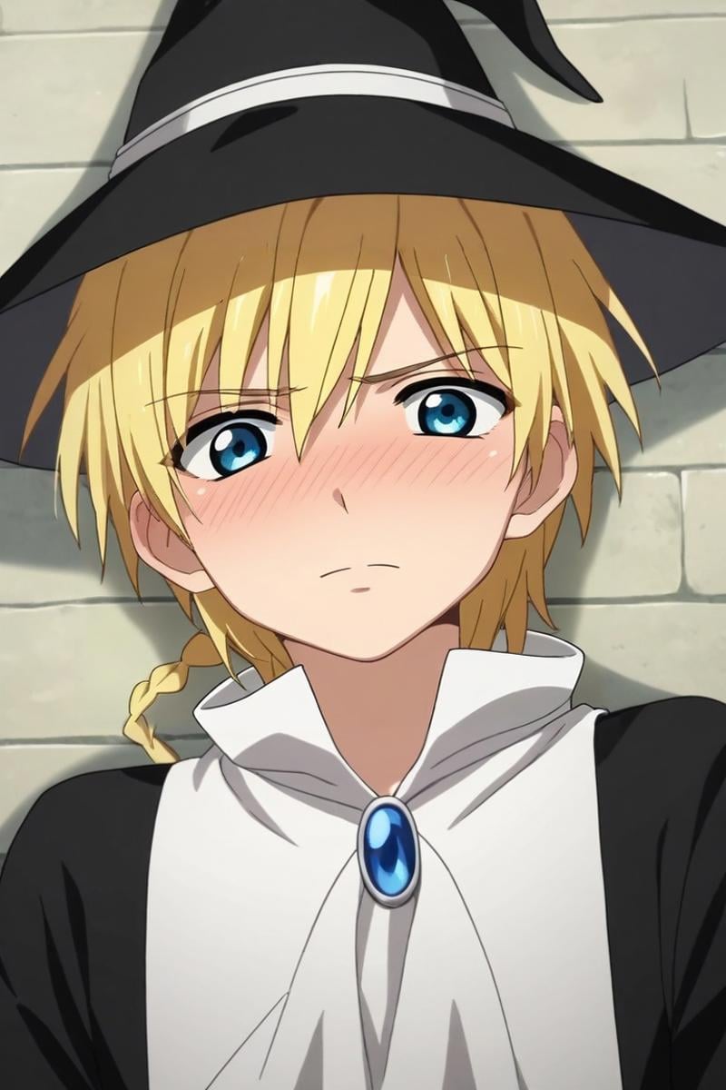 score_9, score_8_up, score_7_up, source_anime, rating_safe, , anime screencap, , , looking at viewer, , 1boy, solo, male focus, <lora:titus_alexius_pony:0.74>, titus_alexius, blonde hair, blue eyes, short hair, braid, , , hat, witch hat, wide angle, wide shot, full body, castle, day, lying, on back, embarrassed, nose blush, hoodie, bowler hat, <lora:sdxl_lightning_8step_lora:1>