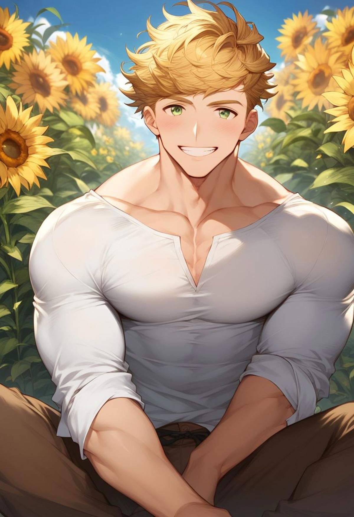 Prompt: Score_9, Score_8_up, Score_7_up, Vane_Grandblue, alone, looking at viewer, blushing, smile, short hair, blonde hair, shirt, 1boy, sitting, green eyes, white shirt, flower, male focus, outdoors, smile, sky, day, pants, cloud, blue sky, muscular, pecs, muscular man, bara, closeup blurred background, field of sunflowers, brown pants, weather vane (granblue fantasy), good lighting, radiant skin, shading, detailed shading, detailed skin, skin shading, realistic shading, Expressiveh, counter shading:1.1