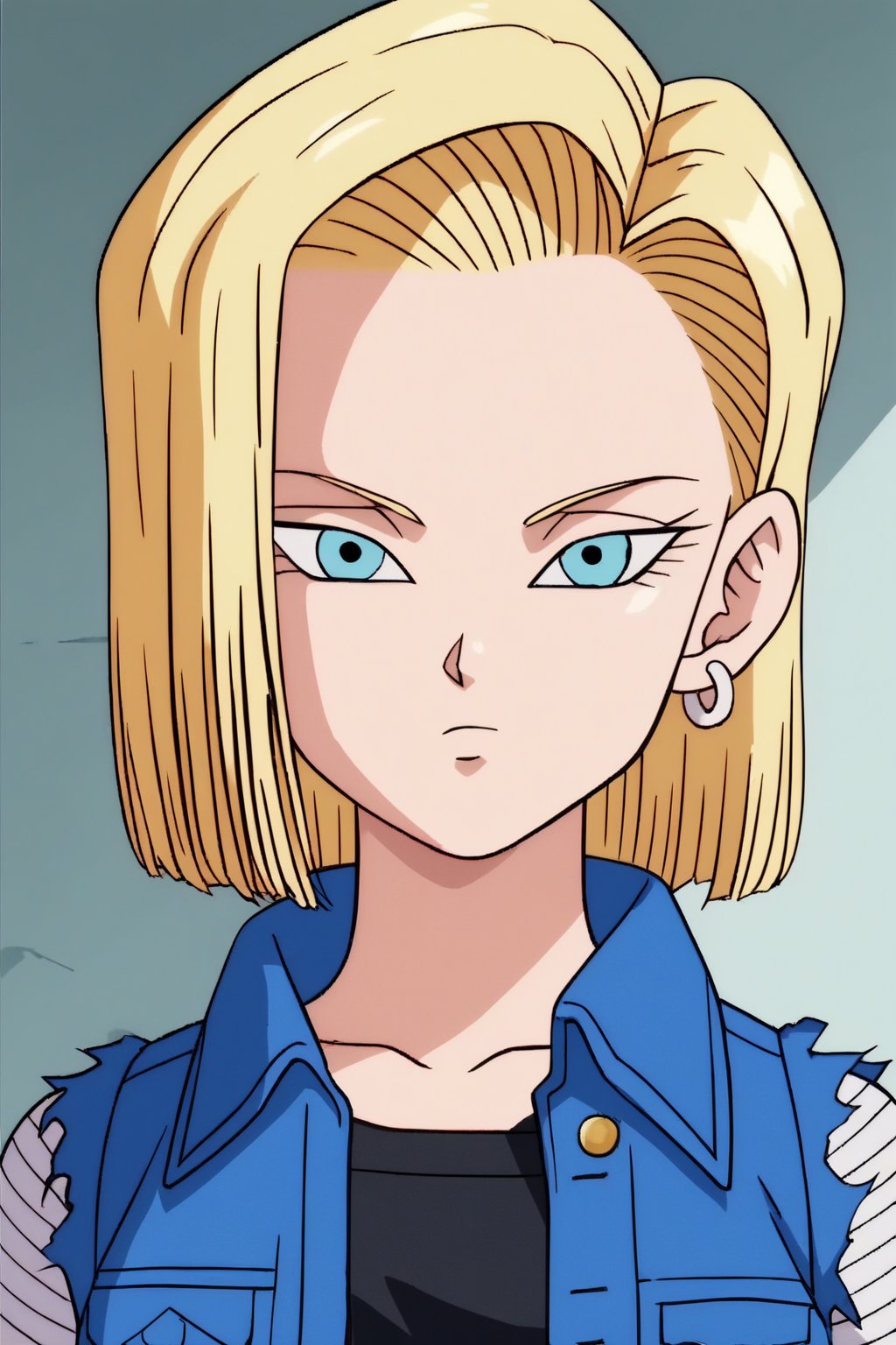 source_anime, score_9, score_8_up, score_7_up, anime screencap, detailed face, android 18, 1girl, solo, looking at viewer, short hair, blue eyes, blonde hair, shirt, jewelry, closed mouth, collarbone, jacket, upper body, earrings, torn clothes, expressionless, denim jacket