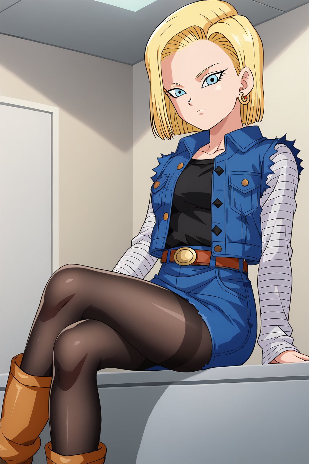 source_anime, score_9, score_8_up, score_7_up, anime screencap, detailed face, android 18, 1girl, solo, looking at viewer, short hair, blue eyes, skirt, blonde hair, black shirt, long sleeves, jewelry, sitting, crossed legs, pantyhose, earrings, boots, belt, blue skirt, blue jacket, black pantyhose, indoors, denim jacket, denim skirt