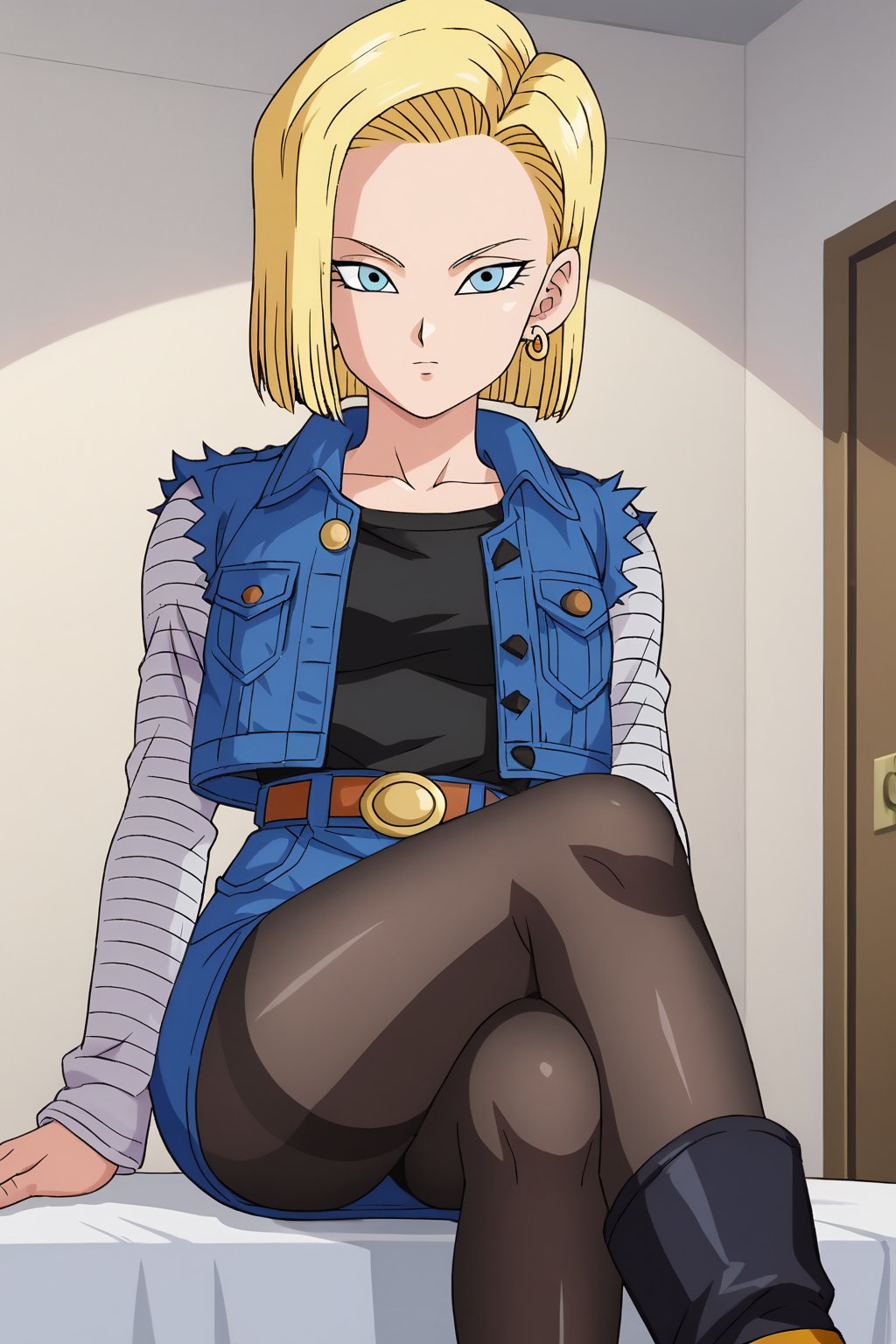 source_anime, score_9, score_8_up, score_7_up, anime screencap, detailed face, android 18, 1girl, solo, looking at viewer, short hair, blue eyes, skirt, blonde hair, black shirt, long sleeves, jewelry, sitting, crossed legs, pantyhose, earrings, boots, belt, blue skirt, blue jacket, black pantyhose, indoors, denim jacket, denim skirt