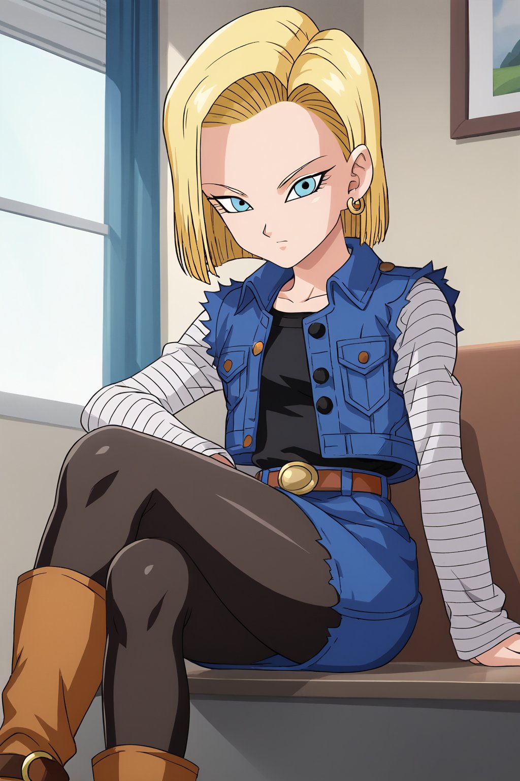 source_anime, score_9, score_8_up, score_7_up, anime screencap, detailed face, android 18, 1girl, solo, looking at viewer, short hair, blue eyes, skirt, blonde hair, black shirt, long sleeves, jewelry, sitting, crossed legs, pantyhose, earrings, boots, belt, blue skirt, blue jacket, black pantyhose, indoors, denim jacket, denim skirt