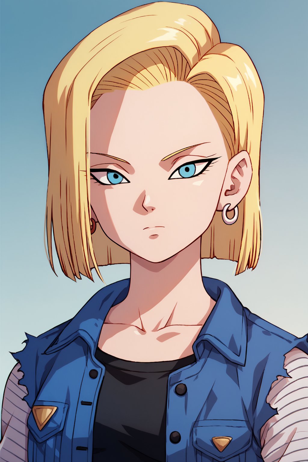 score_9, score_8_up, score_7_up, detailed face, android 18, 1girl, solo, looking at viewer, short hair, blue eyes, blonde hair, shirt, jewelry, closed mouth, collarbone, jacket, upper body, earrings, torn clothes, expressionless, denim jacket