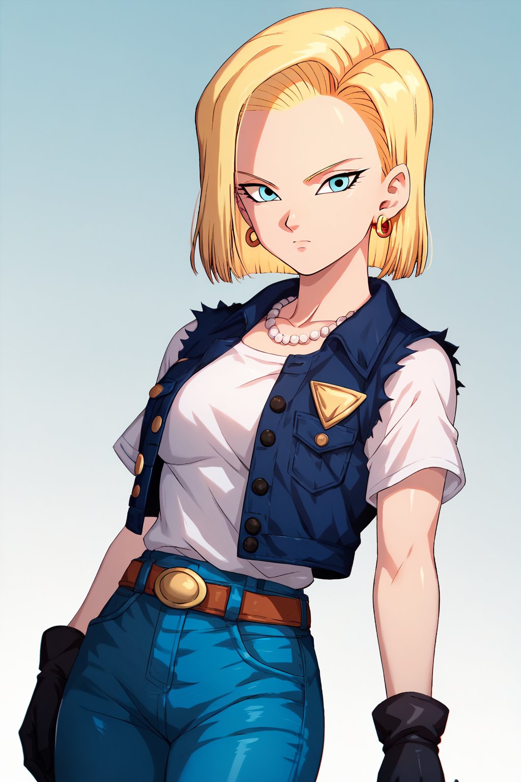 score_9, score_8_up, score_7_up, detailed face, android 18, 1girl, solo, looking at viewer, short hair, blue eyes, blonde hair, jewelry, closed mouth, white shirt, short sleeves, earrings, black gloves, belt, pants, necklace, vest, denim jeans