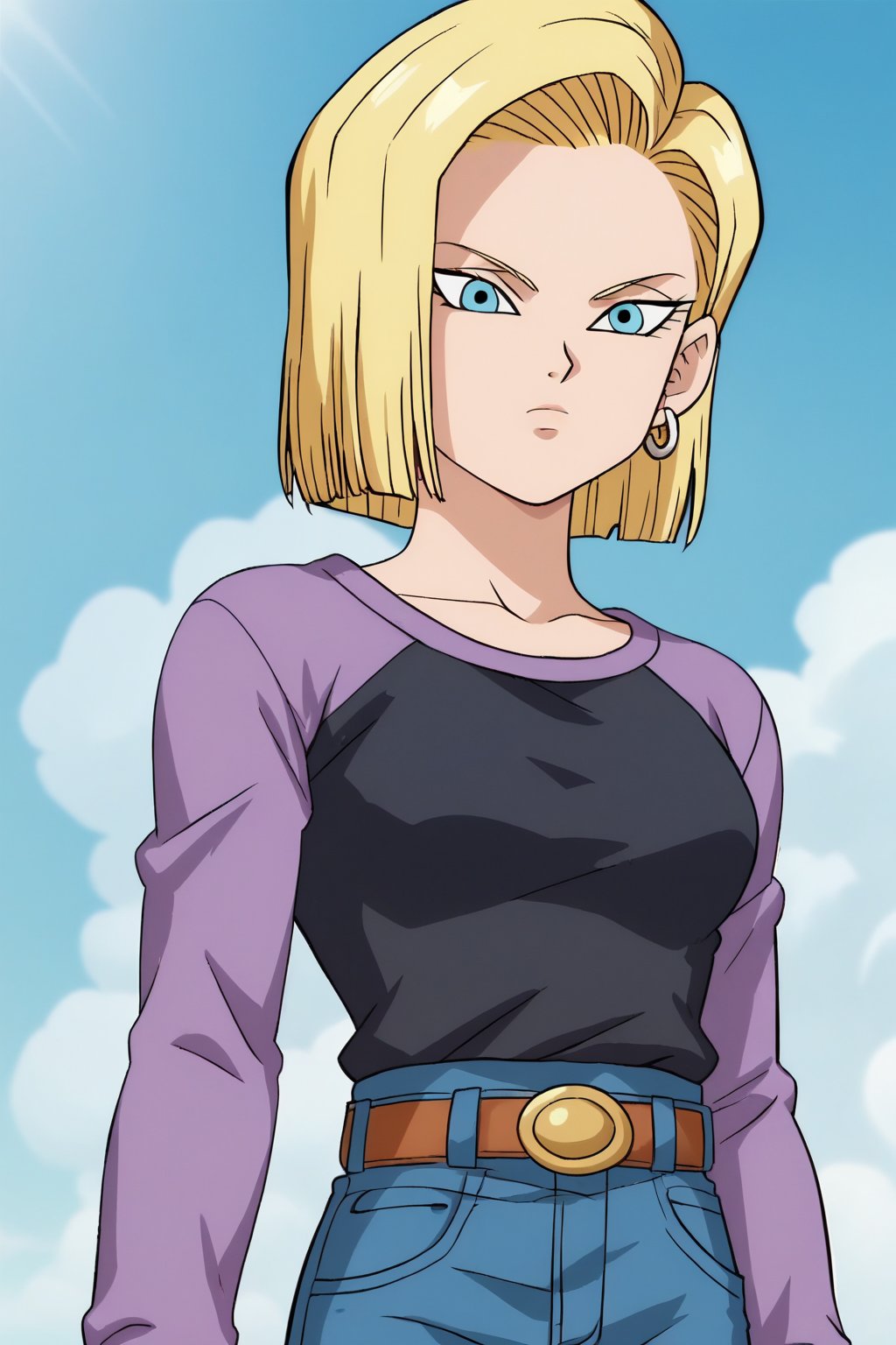 source_anime, score_9, score_8_up, score_7_up, anime screencap, detailed face, android 18, 1girl, solo, standing, short hair, blue eyes, upper body, blonde hair, jewelry, earrings, belt, denim jeans, raglan sleeves, purple sleeves, black shirt



