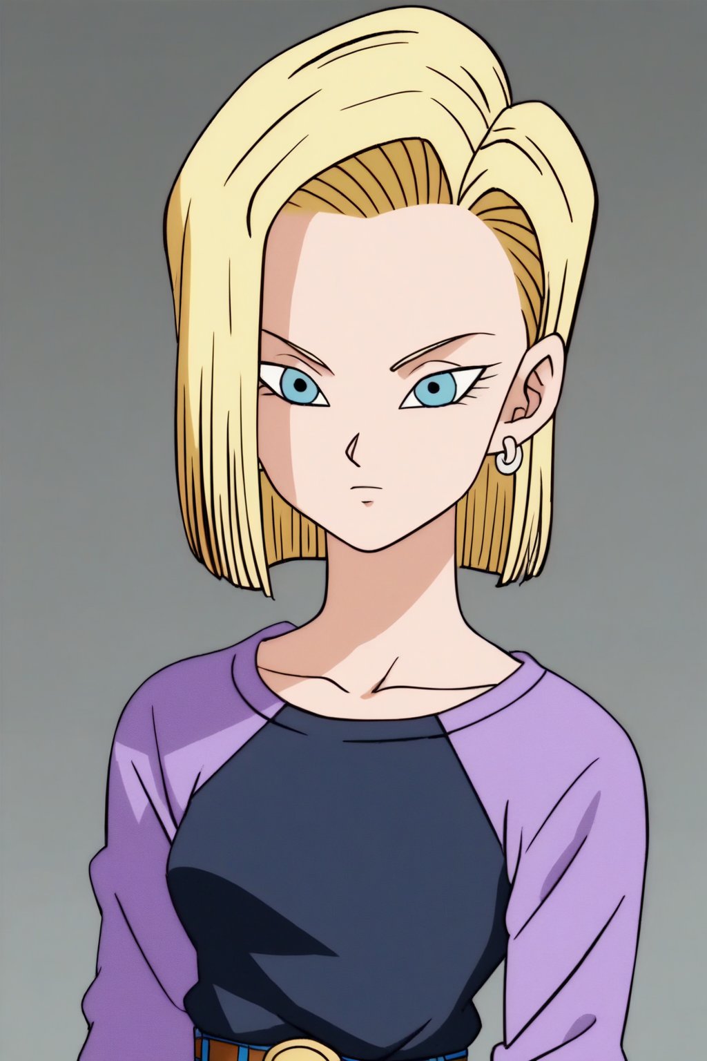 source_anime, score_9, score_8_up, score_7_up, anime screencap, detailed face, android 18, 1girl, solo, standing, short hair, blue eyes, upper body, blonde hair, jewelry, earrings, belt, denim jeans, raglan sleeves, purple sleeves, black shirt



