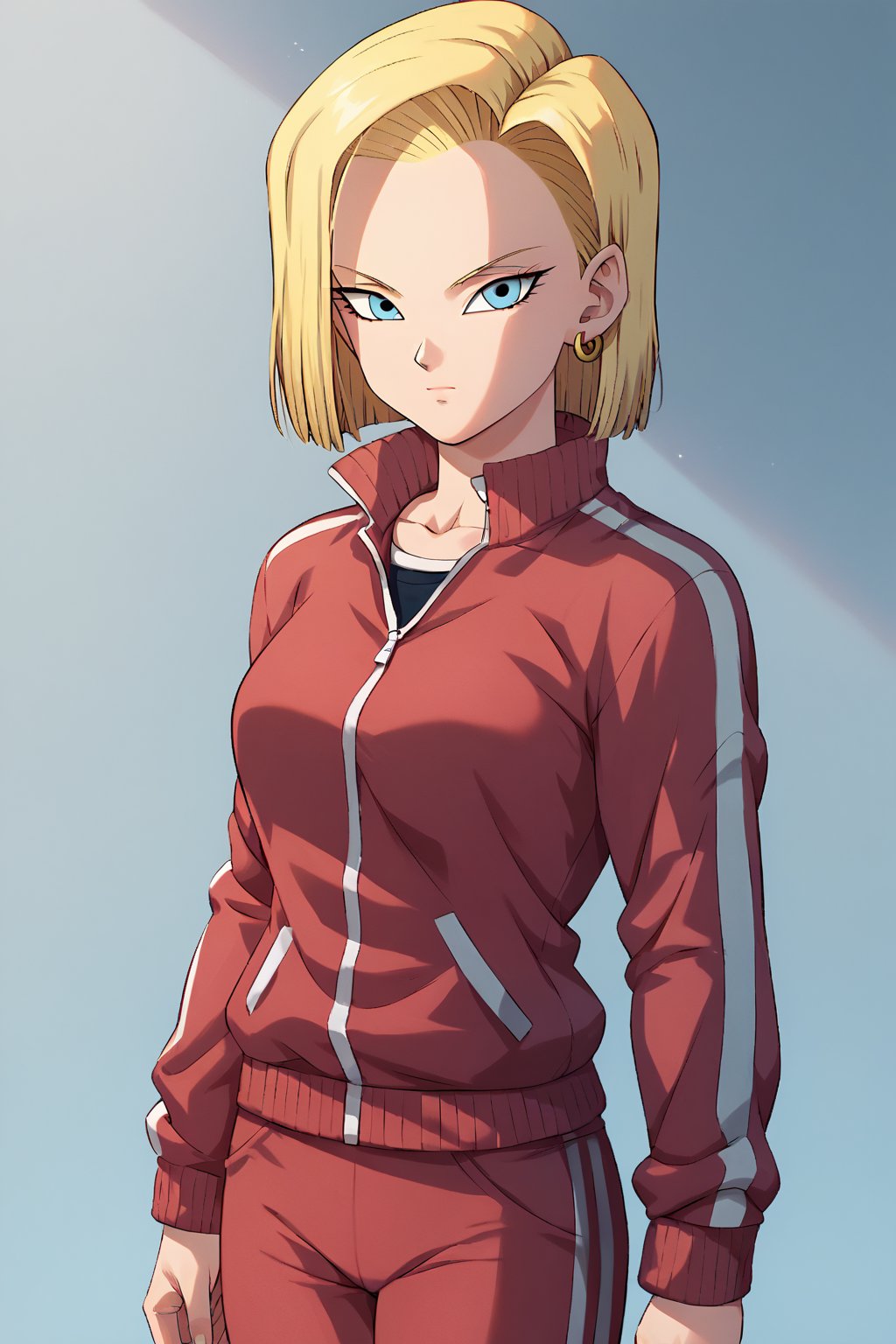 score_9, score_8_up, score_7_up, detailed face, android 18, 1girl, solo, looking at viewer, short hair, closed mouth, blue eyes, blonde hair, long sleeves, standing, jacket, pants, track jacket, track suit, track pants, red pants, red jacket
