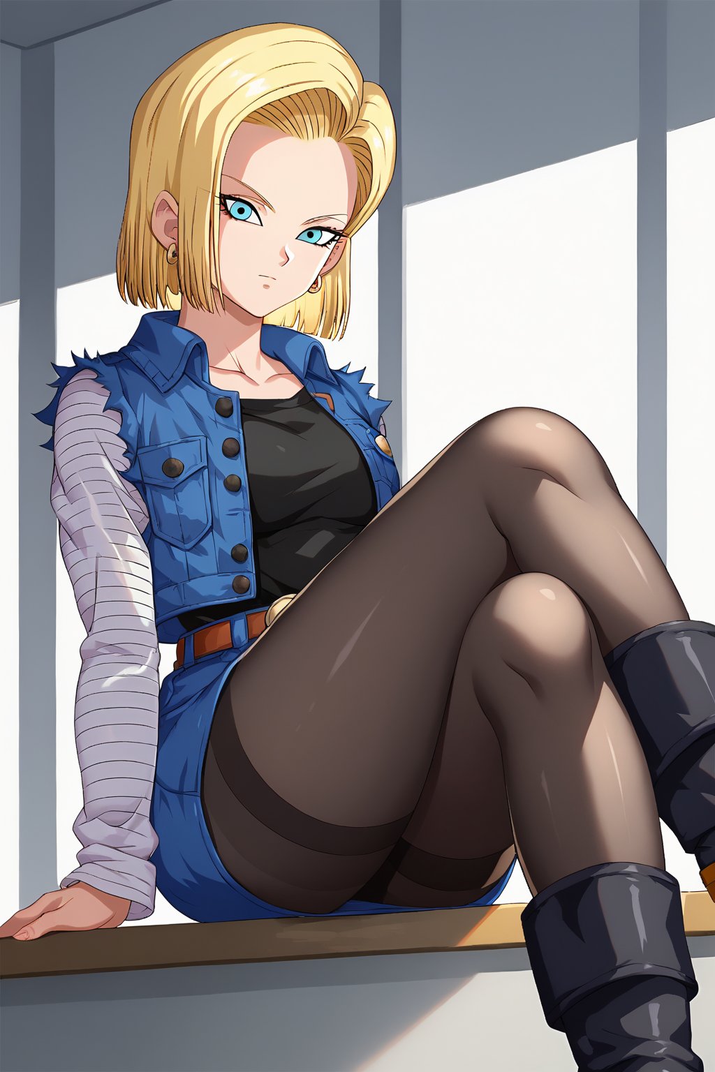 score_9, score_8_up, score_7_up, detailed face, android 18, 1girl, solo, looking at viewer, short hair, blue eyes, skirt, blonde hair, black shirt, long sleeves, jewelry, sitting, crossed legs, pantyhose, earrings, boots, belt, blue skirt, blue jacket, black pantyhose, indoors, denim jacket, denim skirt