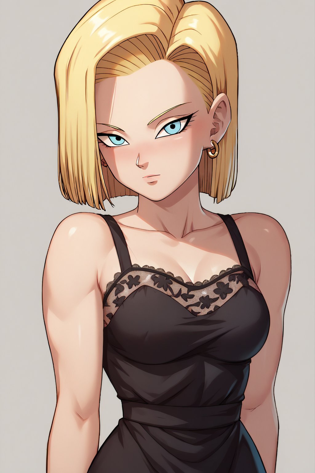 score_9, score_8_up, score_7_up, detailed face, android 18, 1girl, solo, looking at viewer, short hair, blue eyes, blonde hair, lace_up dress, rating_explicit 