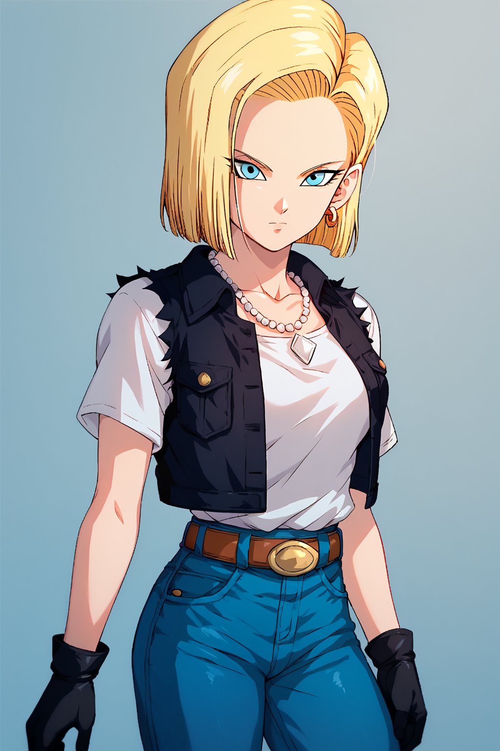 score_9, score_8_up, score_7_up, detailed face, android 18, 1girl, solo, looking at viewer, short hair, blue eyes, blonde hair, jewelry, closed mouth, white shirt, short sleeves, earrings, black gloves, belt, pants, necklace, black vest, denim jeans